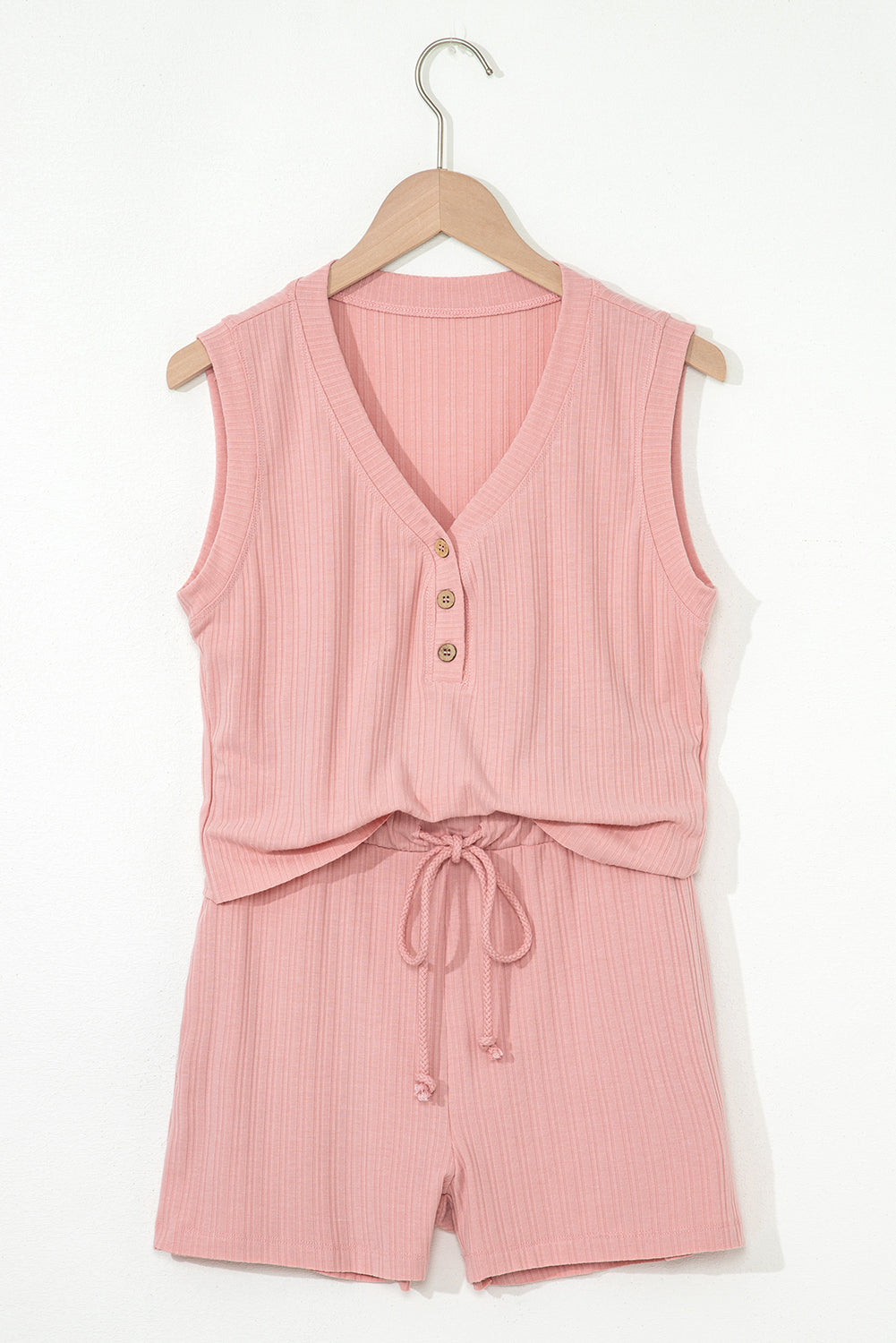 Gossamer Pink Ribbed Button V Neck Tank Top and Shorts Set-Two Piece Sets/Short Sets-[Adult]-[Female]-2022 Online Blue Zone Planet