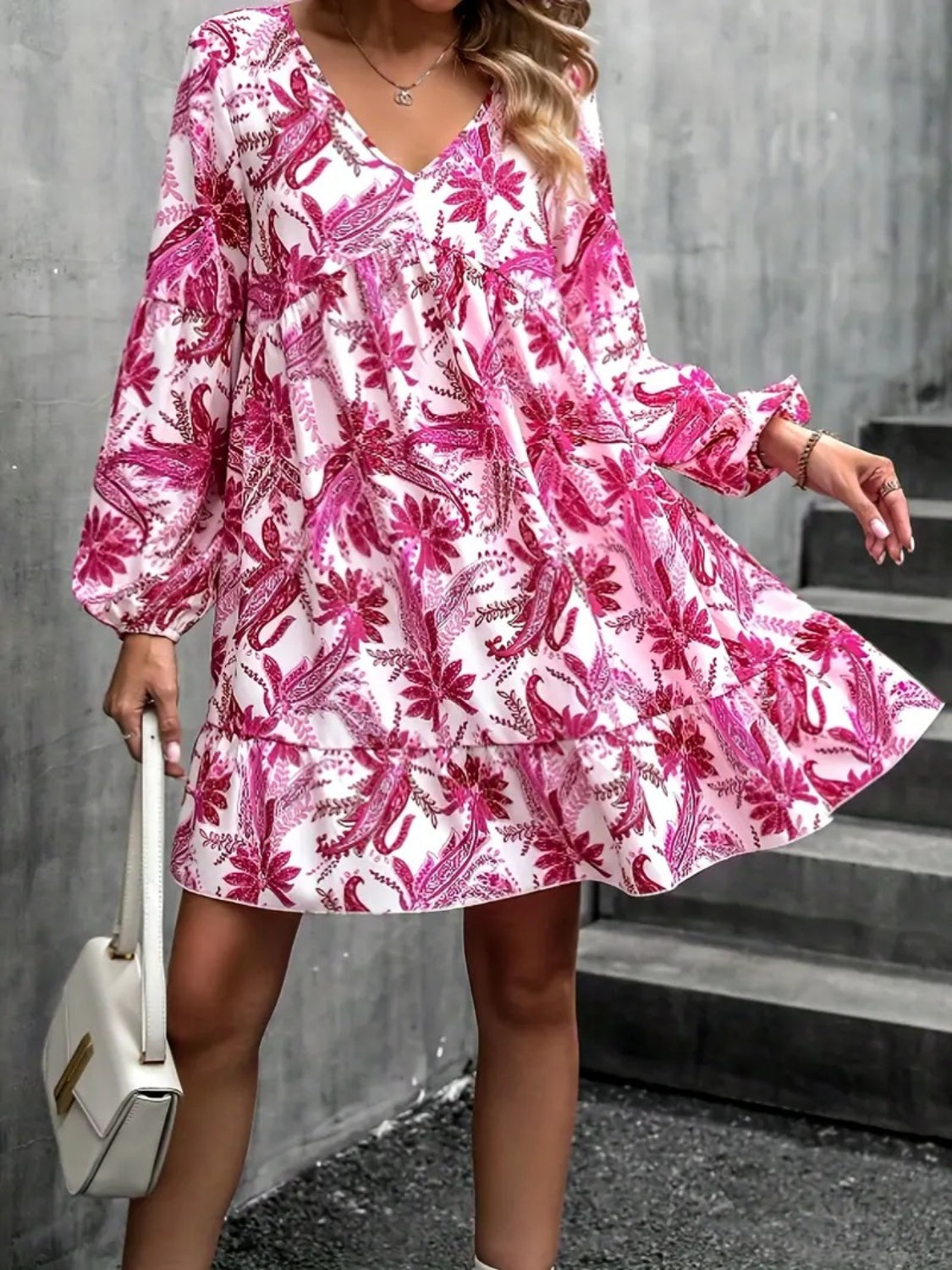 Floral V-Neck Balloon Sleeve Dress-TOPS / DRESSES-[Adult]-[Female]-2022 Online Blue Zone Planet