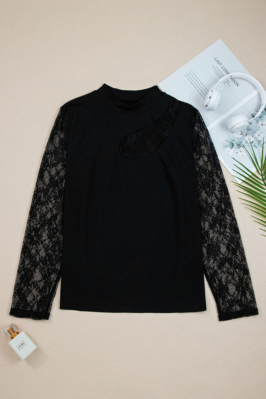 Black Plus Size Lace Patchwork Asymmetric Cutout Sheer Long Sleeve Top-Plus Size/Plus Size Tops/Plus Size Long Sleeve Tops-[Adult]-[Female]-2022 Online Blue Zone Planet