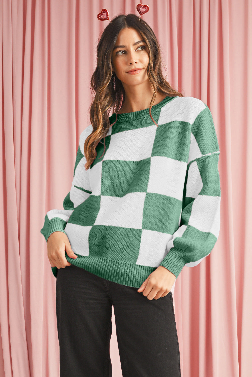 Blue Zone Planet | Pink Checked Bishop Sleeve Pullover Sweater-Sweaters-[Adult]-[Female]-Green Stripe-S-2022 Online Blue Zone Planet