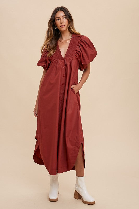 Annie Wear Smocked Puff Sleeve Midi Dress-TOPS / DRESSES-[Adult]-[Female]-Burgundy-S-2022 Online Blue Zone Planet