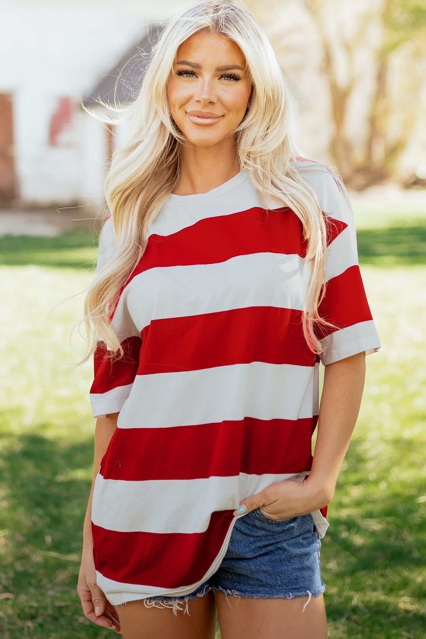 Racing Red Striped Color Block Oversize Tunic Tee-Tops/Tops & Tees-[Adult]-[Female]-2022 Online Blue Zone Planet