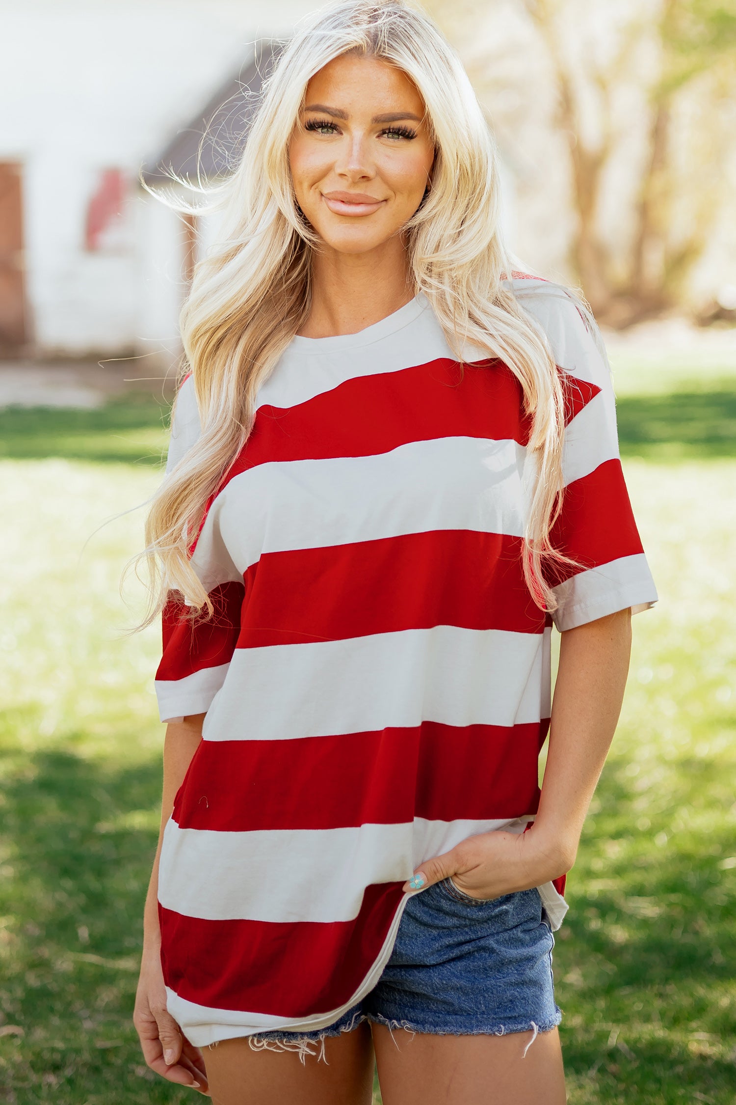 Racing Red Striped Color Block Oversize Tunic Tee-Tops/Tops & Tees-[Adult]-[Female]-2022 Online Blue Zone Planet