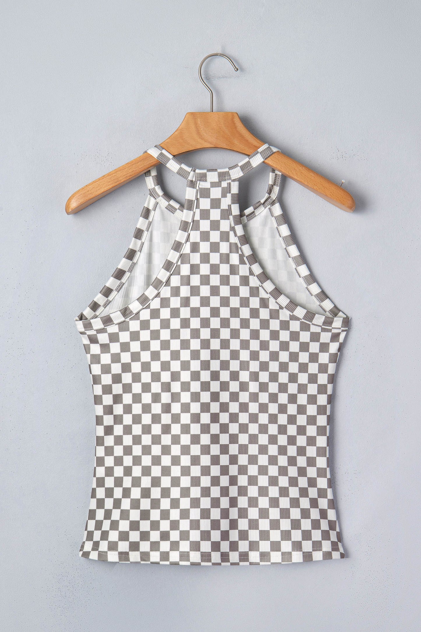 Gray Checkered Print Textured Halter Tank Top-Tops/Tank Tops-[Adult]-[Female]-2022 Online Blue Zone Planet