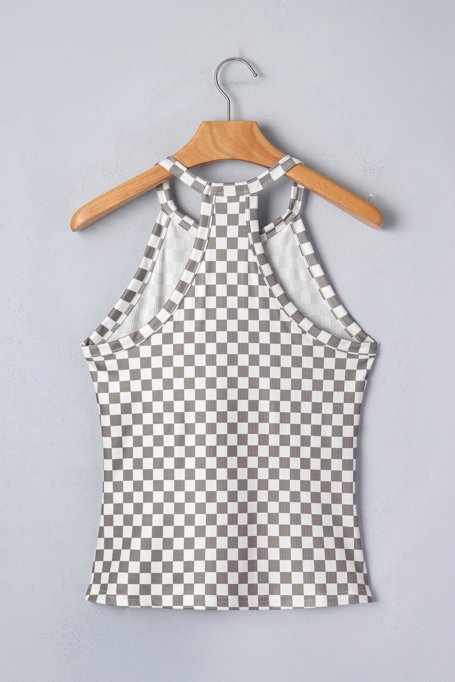 Gray Checkered Print Textured Halter Tank Top-Tops/Tank Tops-[Adult]-[Female]-2022 Online Blue Zone Planet