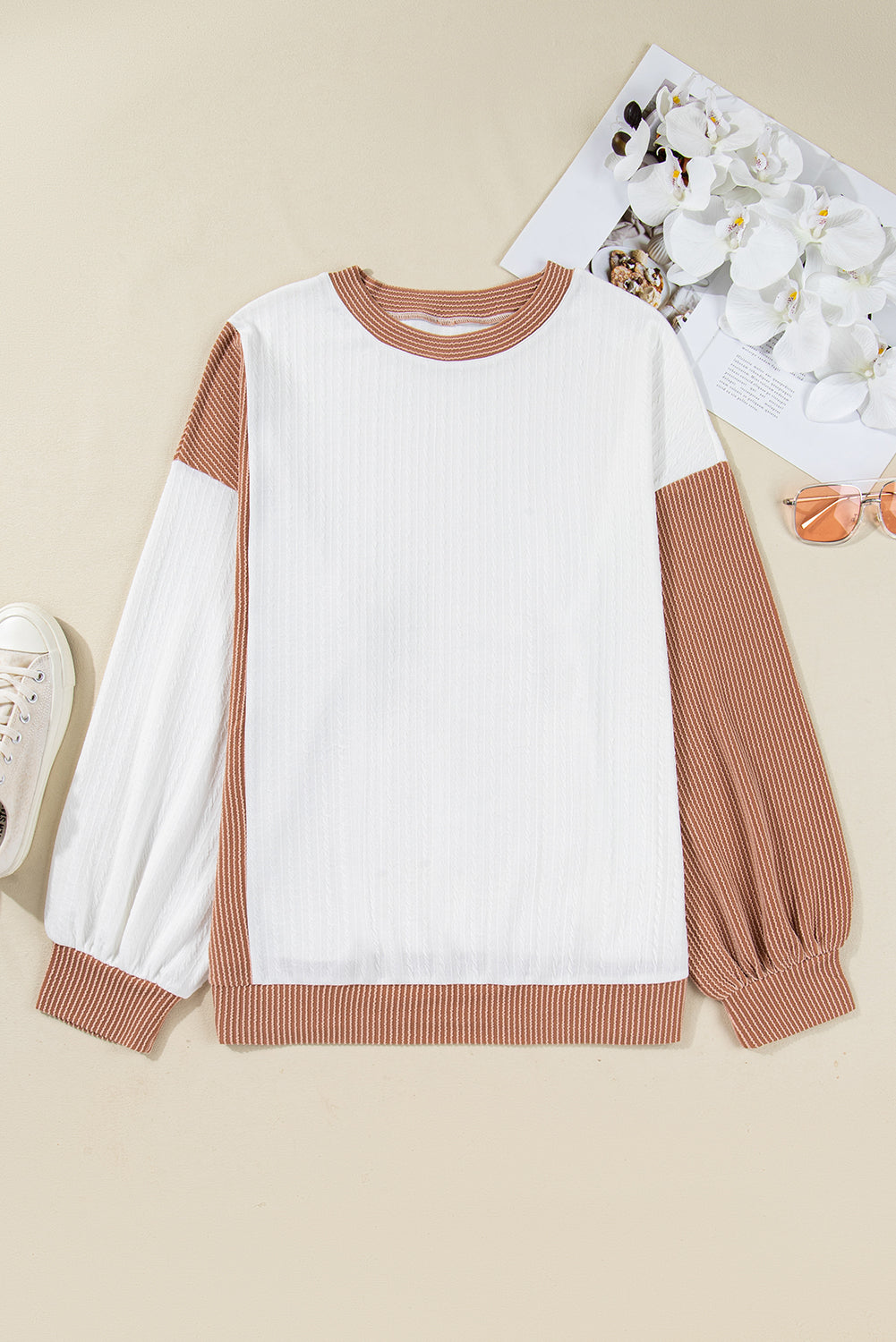 White Cable Texture Ribbed Color Block Plus Size Knit Top-Plus Size/Plus Size Tops/Plus Size Long Sleeve Tops-[Adult]-[Female]-2022 Online Blue Zone Planet