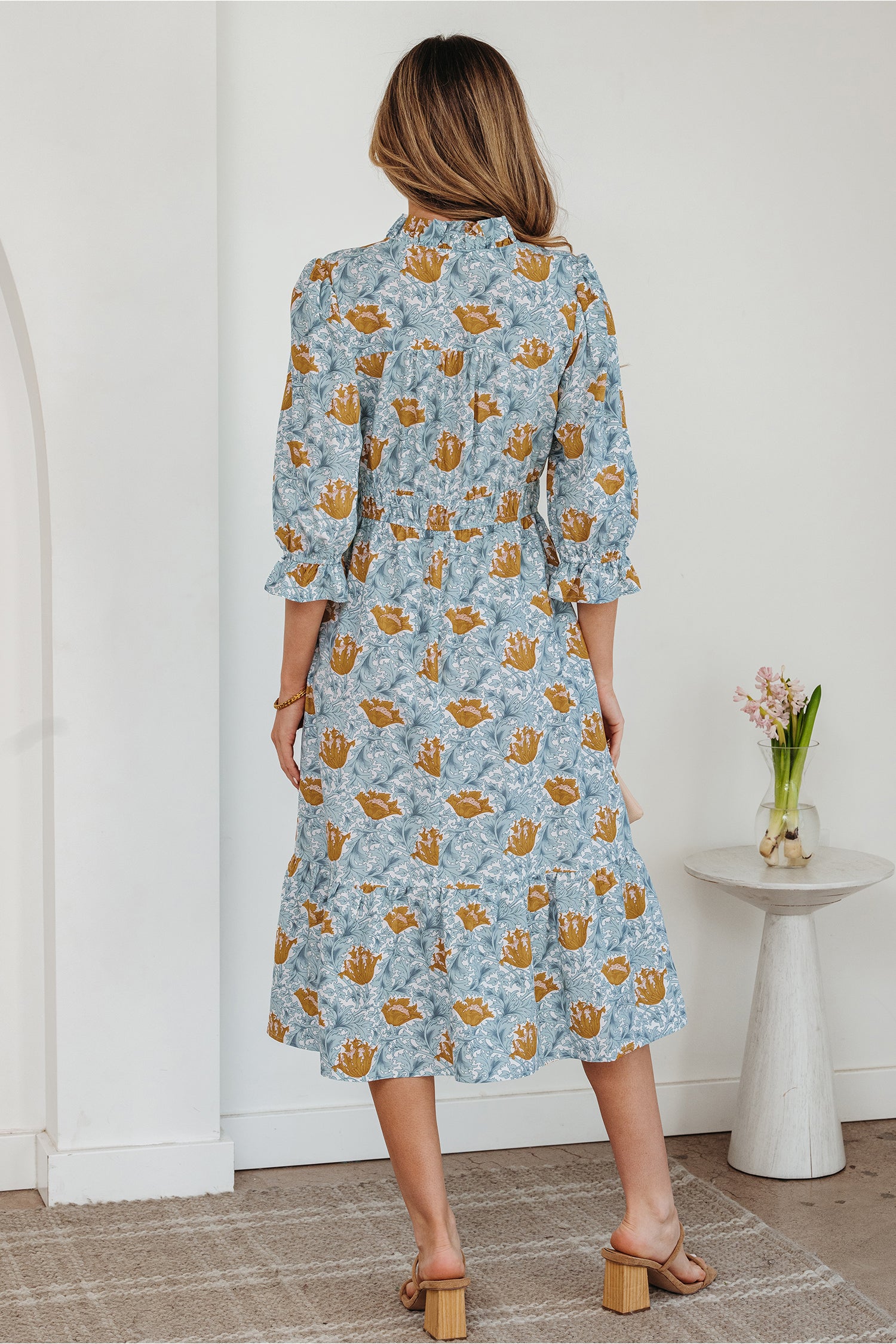 Brown Floral Printed Frilled V Neck Bracelet Sleeve Long Dress-Bracelet-[Adult]-[Female]-2022 Online Blue Zone Planet