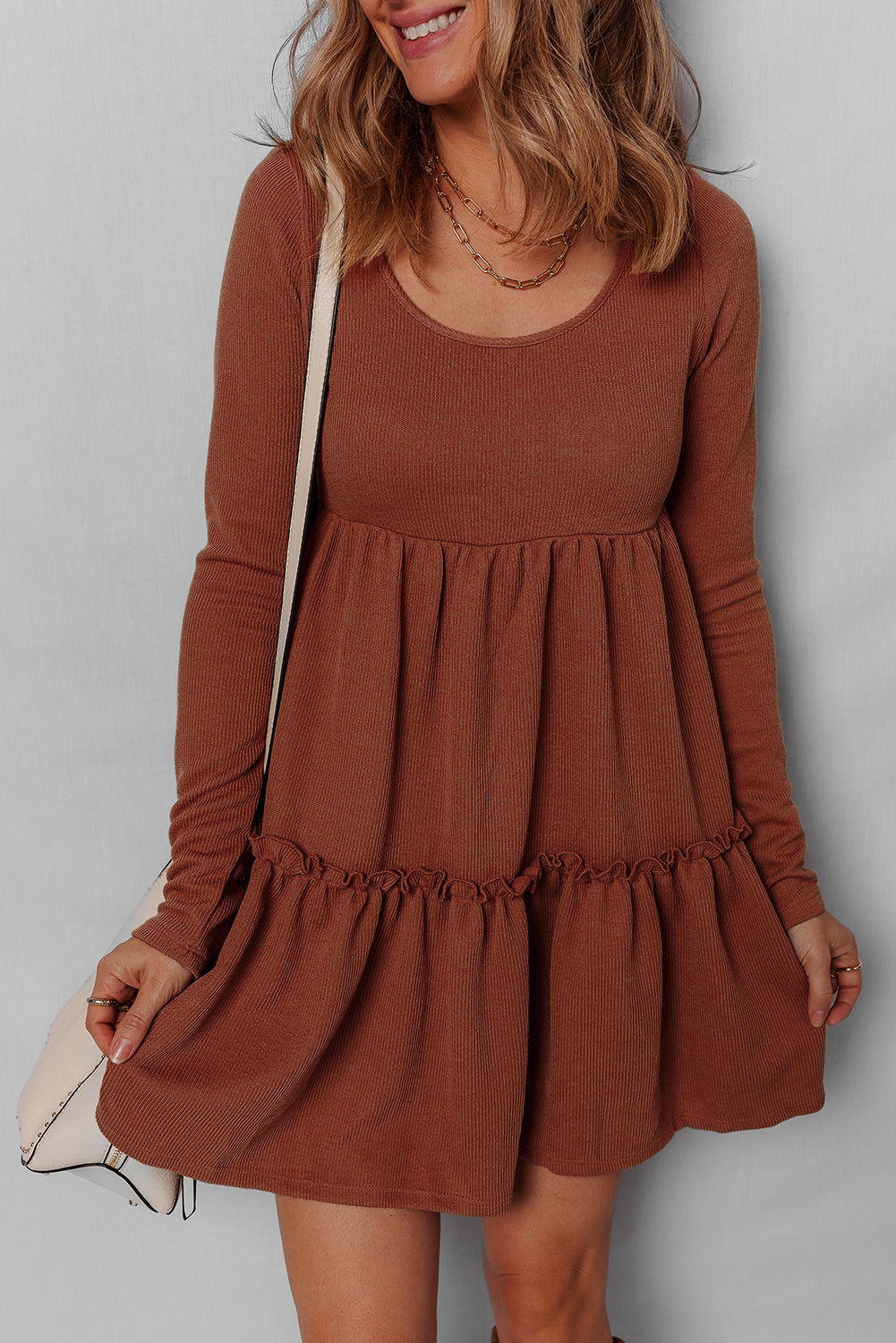 Straw Yellow Ribbed Frilled Trim High Waist Long Sleeve Mini Dress-TOPS / DRESSES-[Adult]-[Female]-Straw Yellow-S-2022 Online Blue Zone Planet