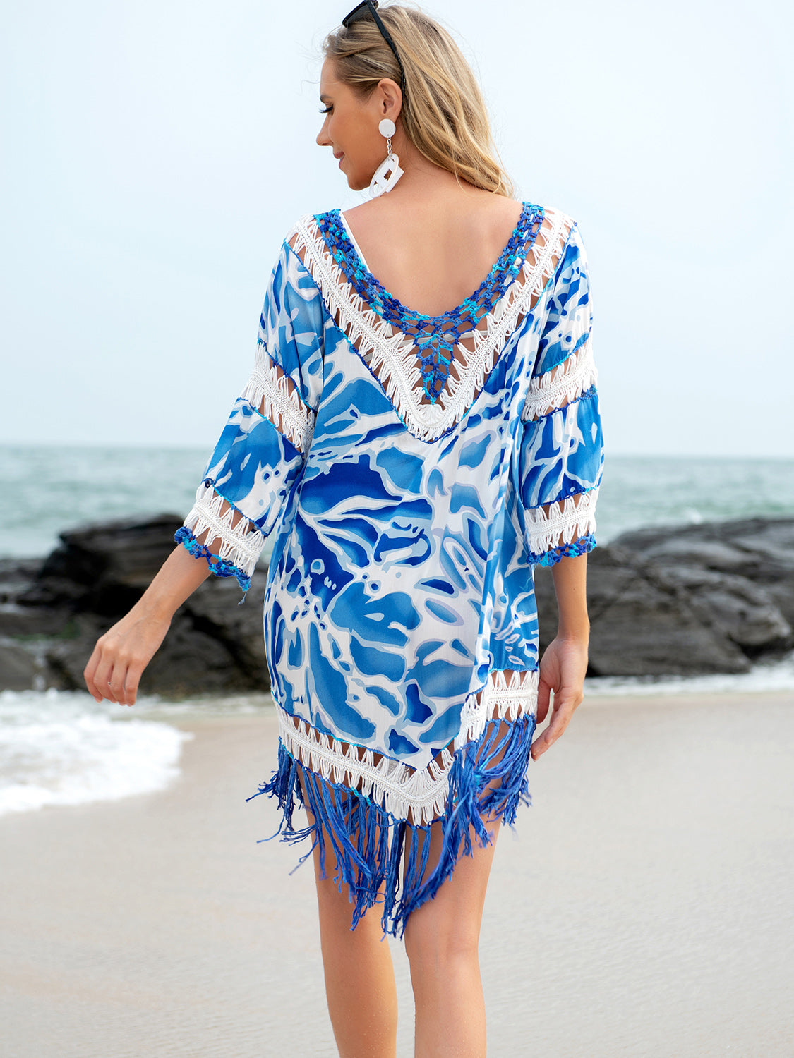 Cutout V-Neck Three-Quarter Sleeve Cover Up-TOPS / DRESSES-[Adult]-[Female]-Blue-One Size-2022 Online Blue Zone Planet