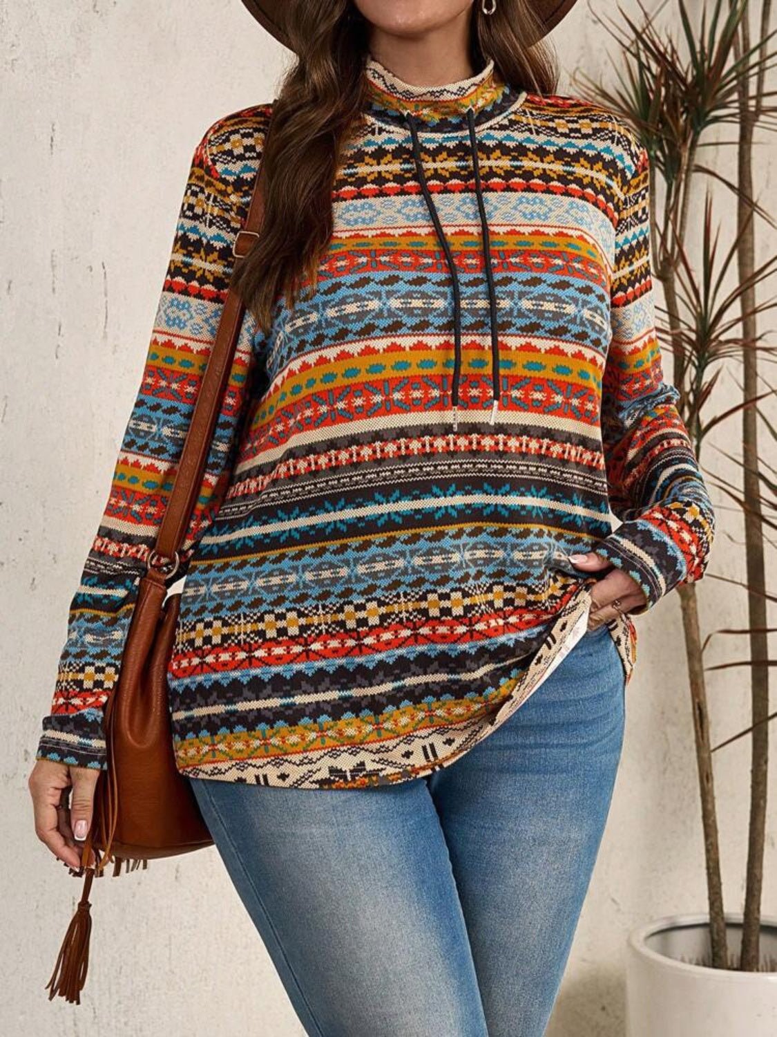 Plus Size Drawstring Printed Mock Neck Long Sleeve Top-TOPS / DRESSES-[Adult]-[Female]-multicolor-XL-2022 Online Blue Zone Planet