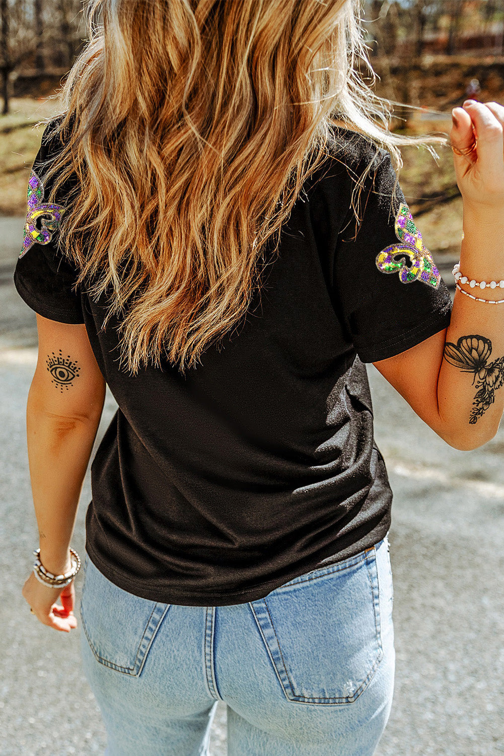Black Maid Gras Sequin Fleur De Lis Graphic T Shirt