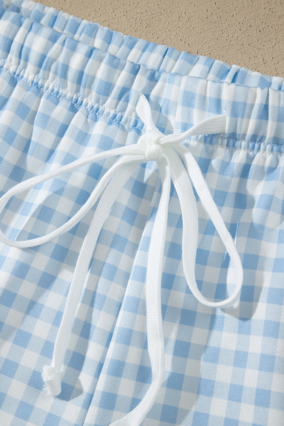 Sky Blue Gingham Loose Pullover Top Drawstring Shorts Plus Size Set-Plus Size/Plus Size Loungewear-[Adult]-[Female]-2022 Online Blue Zone Planet
