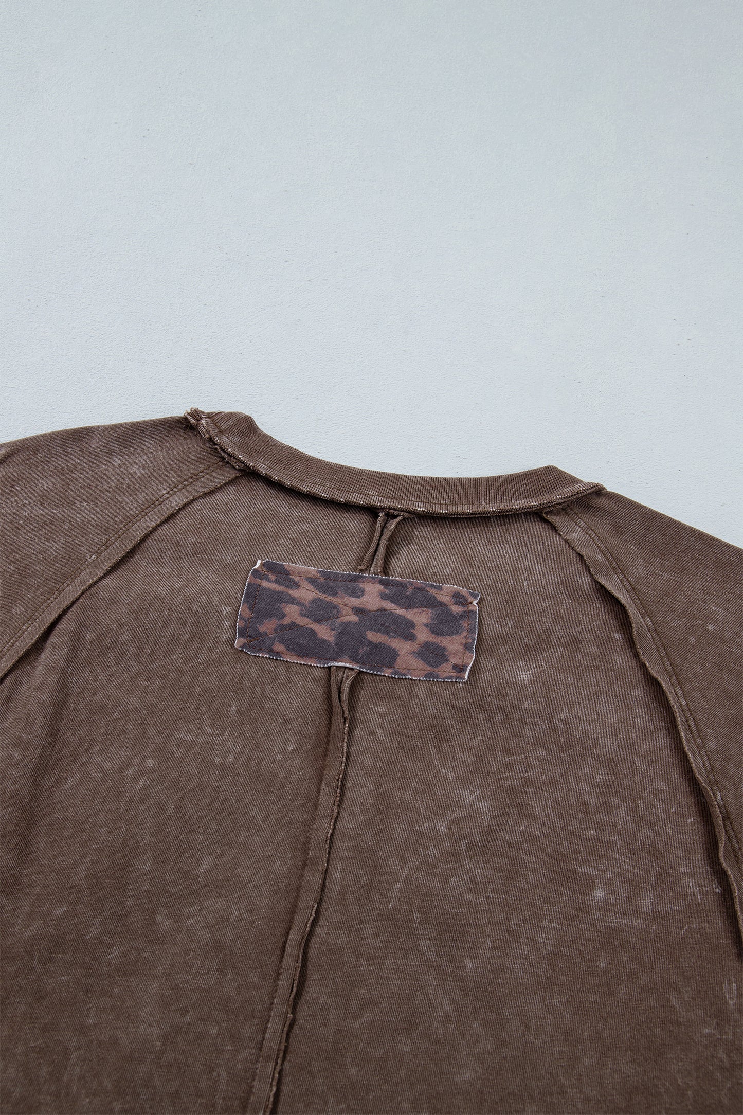 Coffee Mineral Wash Exposed Seam Leopard Star Patched T Shirt-Tops/Tops & Tees-[Adult]-[Female]-2022 Online Blue Zone Planet