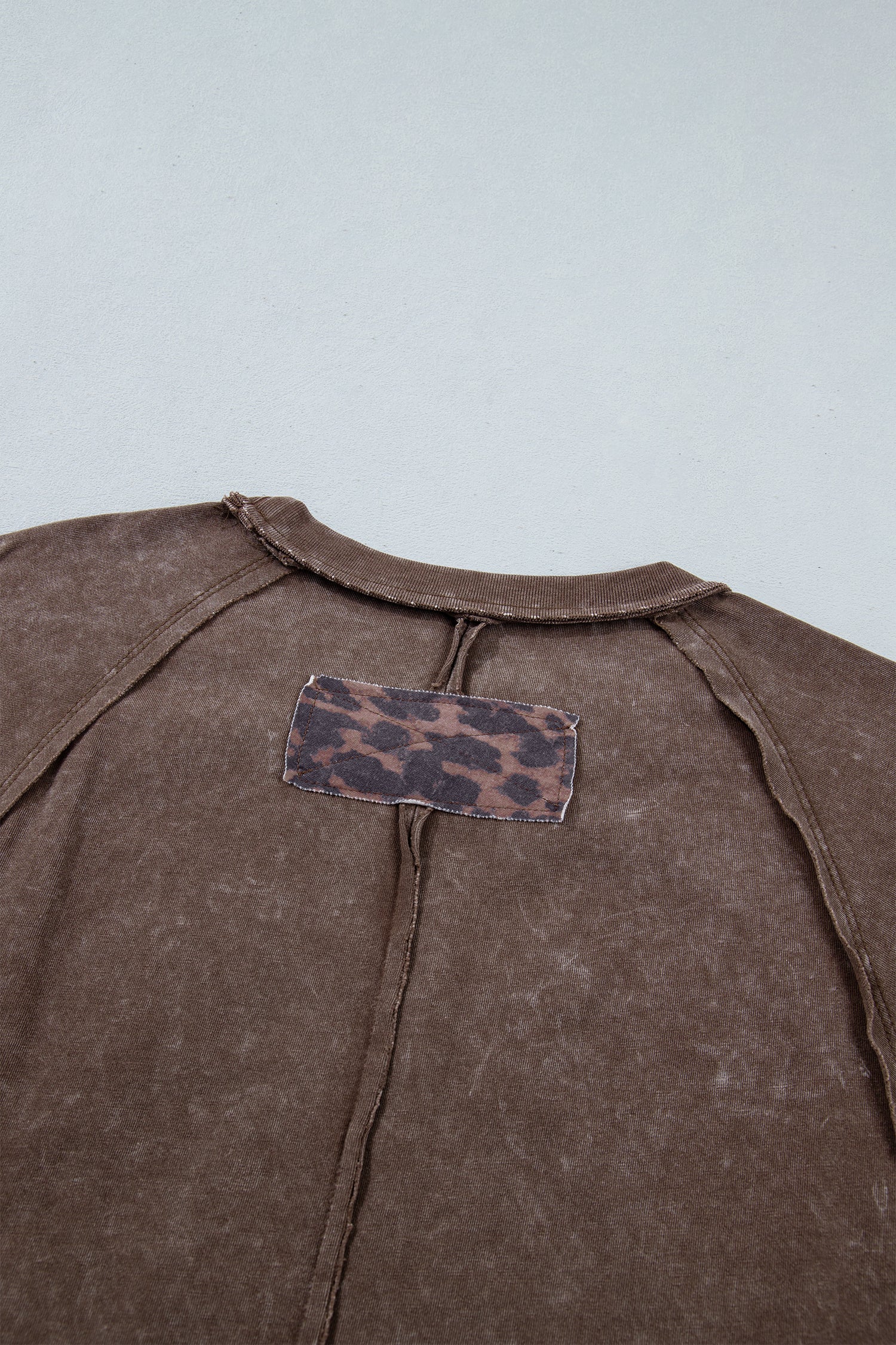 Coffee Mineral Wash Exposed Seam Leopard Star Patched T Shirt-Tops/Tops & Tees-[Adult]-[Female]-2022 Online Blue Zone Planet