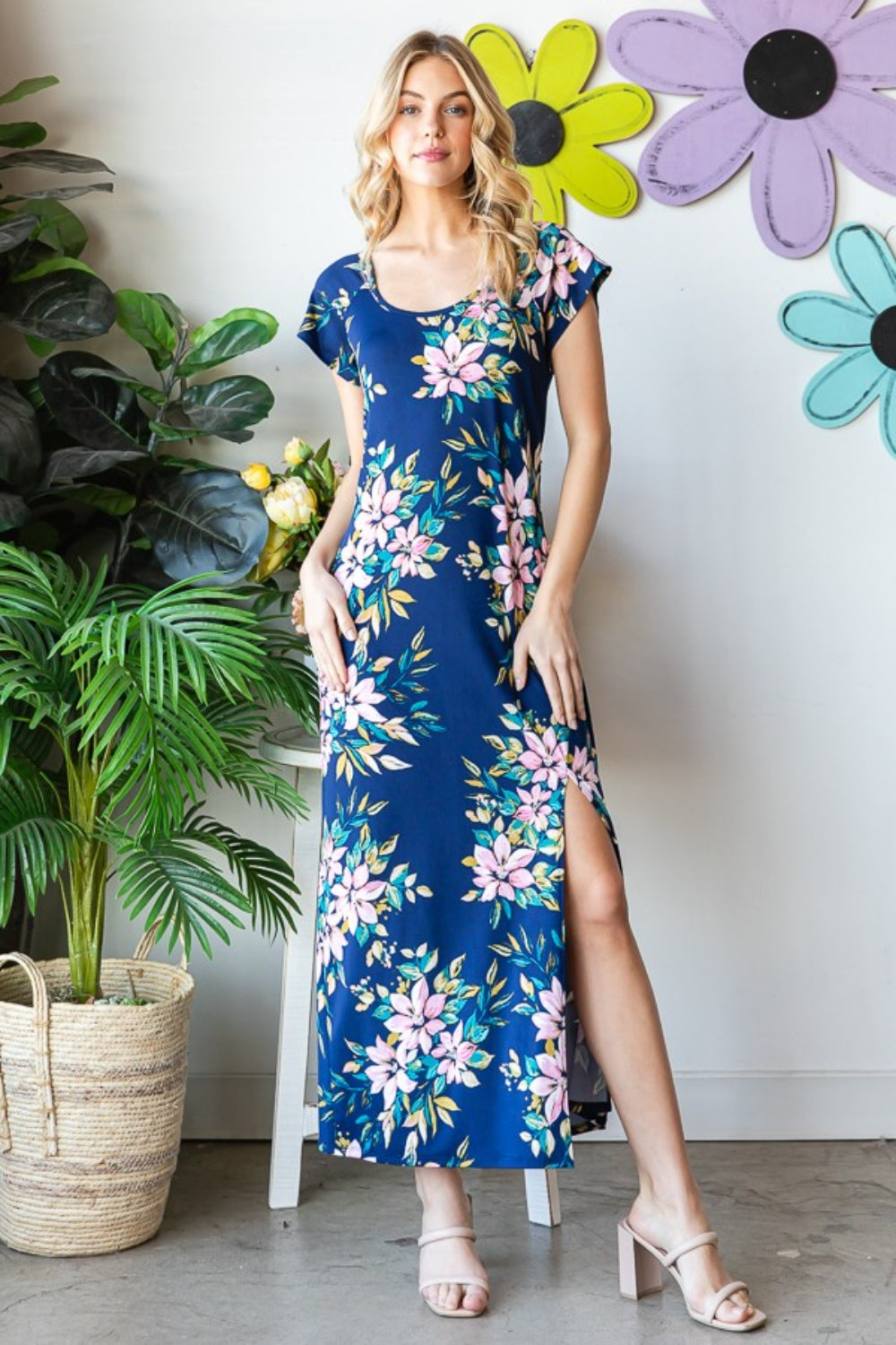 Heimish Full Size Floral Short Sleeve Slit Dress-TOPS / DRESSES-[Adult]-[Female]-Navy Multi-S-2022 Online Blue Zone Planet