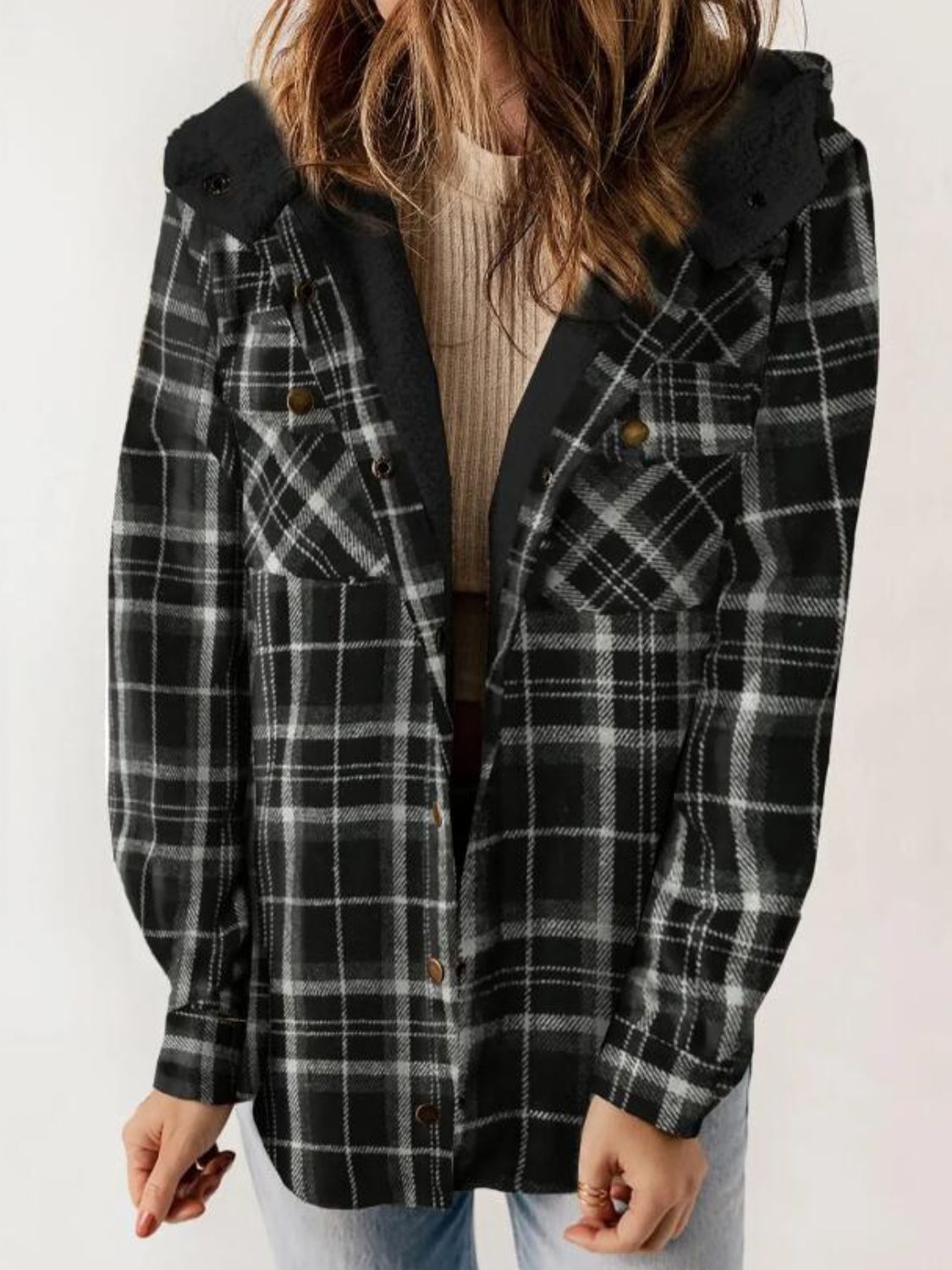 Plaid Snap Down Plush Hooded Jacket-TOPS / DRESSES-[Adult]-[Female]-Black-S-2022 Online Blue Zone Planet