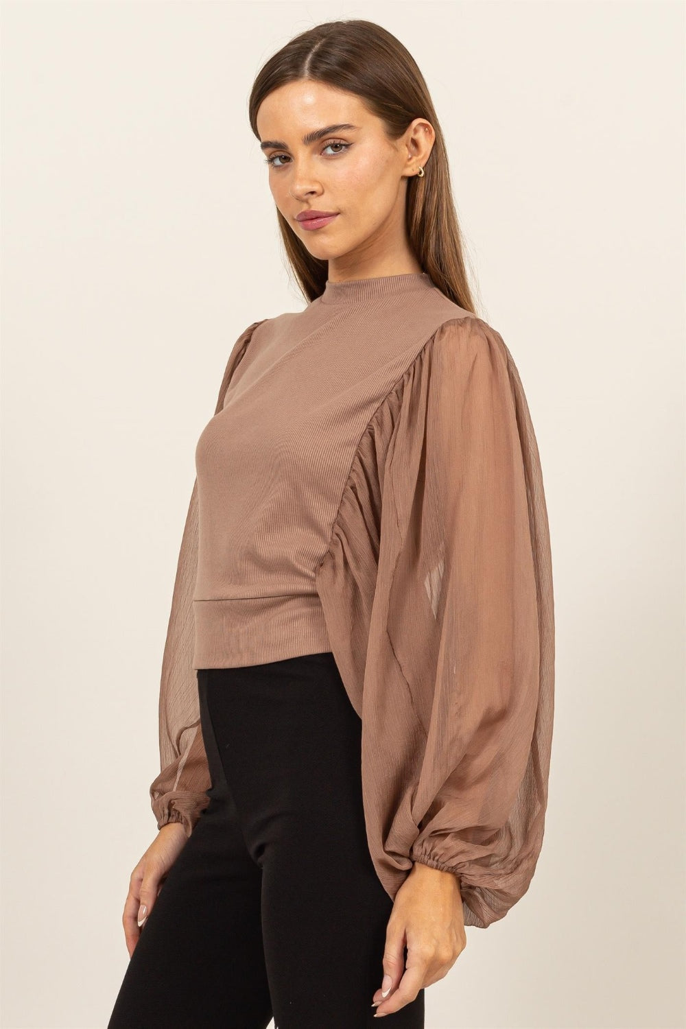 Blue Zone Planet | HYFVE Ruched Sheer Long Sleeve Mock Neck Blouse-TOPS / DRESSES-[Adult]-[Female]-2022 Online Blue Zone Planet