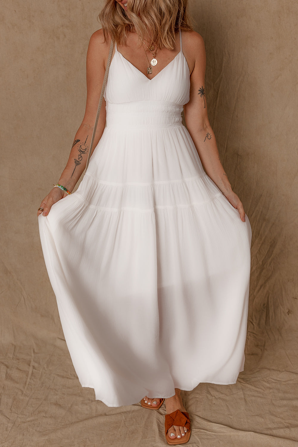 White Spaghetti Straps High Waist Elegant Long Dress-TOPS / DRESSES-[Adult]-[Female]-2022 Online Blue Zone Planet