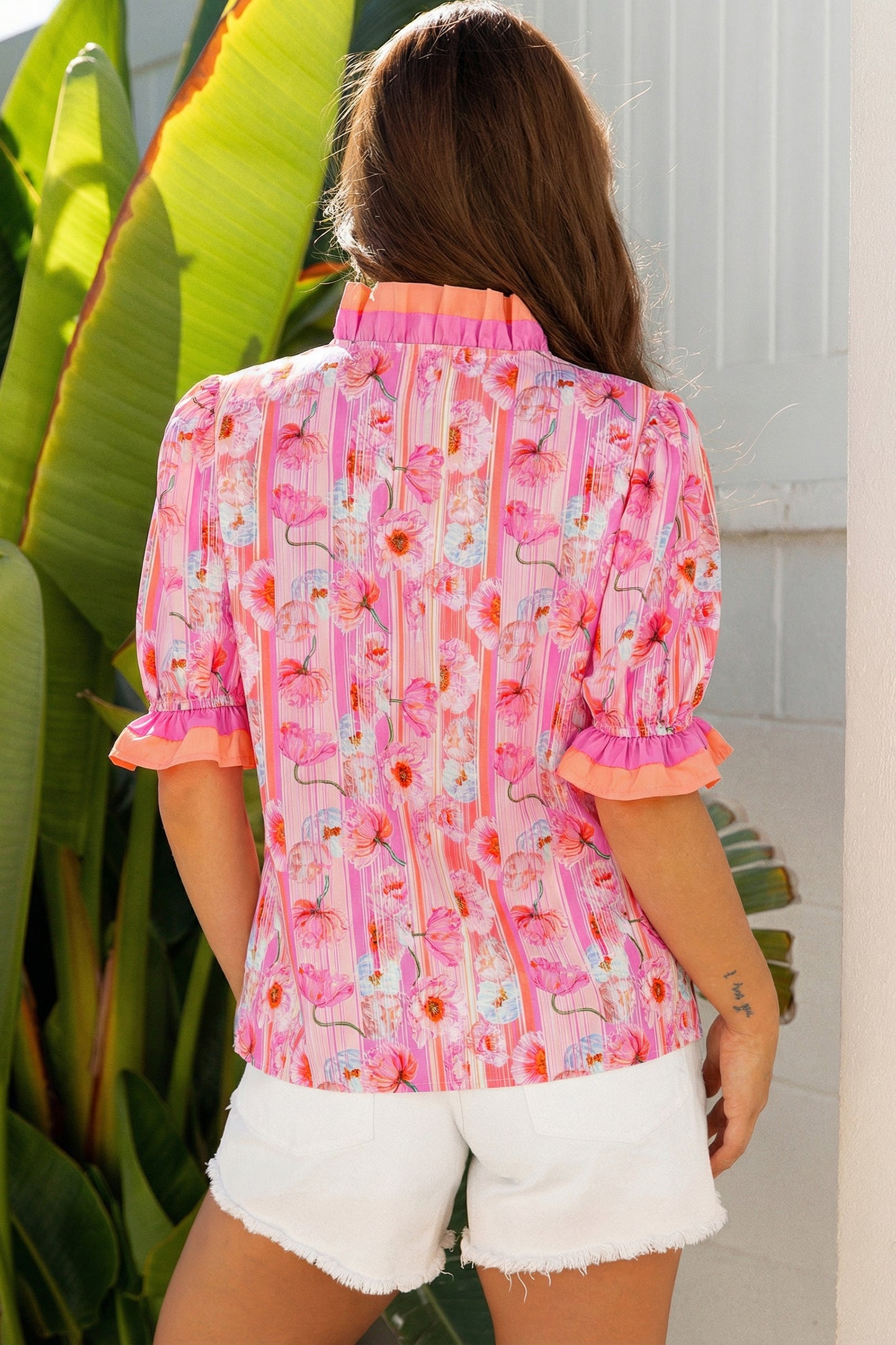 Pink Poppy Flower Striped Print Color Block Trim V Neck Short Sleeve Blouse-Tops/Blouses & Shirts-[Adult]-[Female]-2022 Online Blue Zone Planet