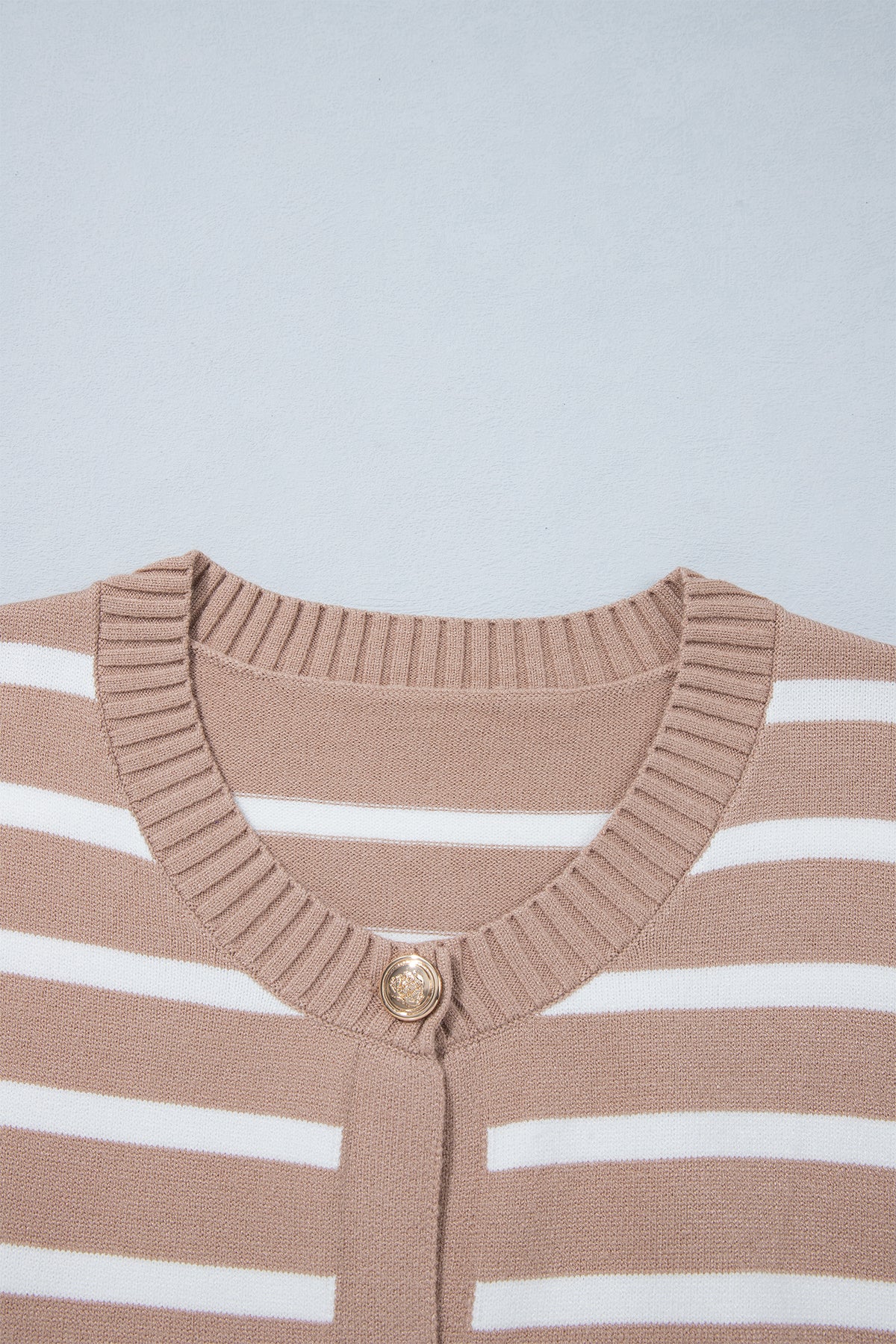 Khaki Stripe Button Down Short Sleeve Knit Plus Size Cardigan-Plus Size/Plus Size Sweaters & Cardigans-[Adult]-[Female]-2022 Online Blue Zone Planet