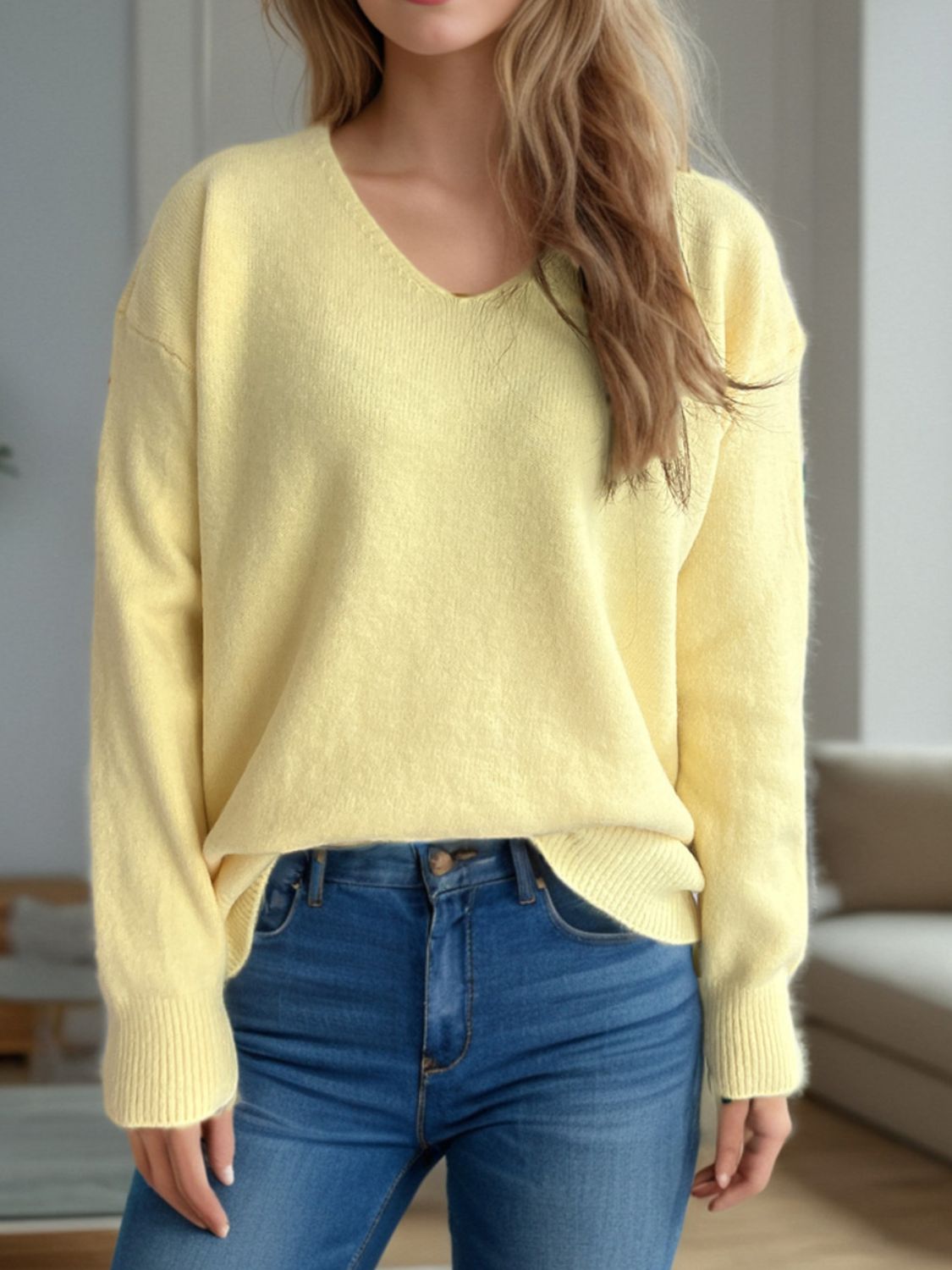 Blue Zone Planet | V-Neck Dropped Shoulder Long Sleeve Sweater-TOPS / DRESSES-[Adult]-[Female]-Light Yellow-One Size-2022 Online Blue Zone Planet