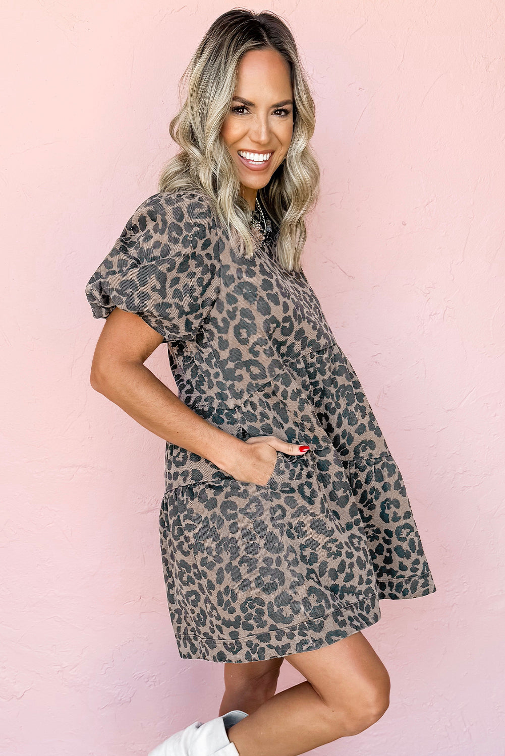 Brown Denim Leopard Printed Short Puff Sleeve Mini Dress-TOPS / DRESSES-[Adult]-[Female]-2022 Online Blue Zone Planet