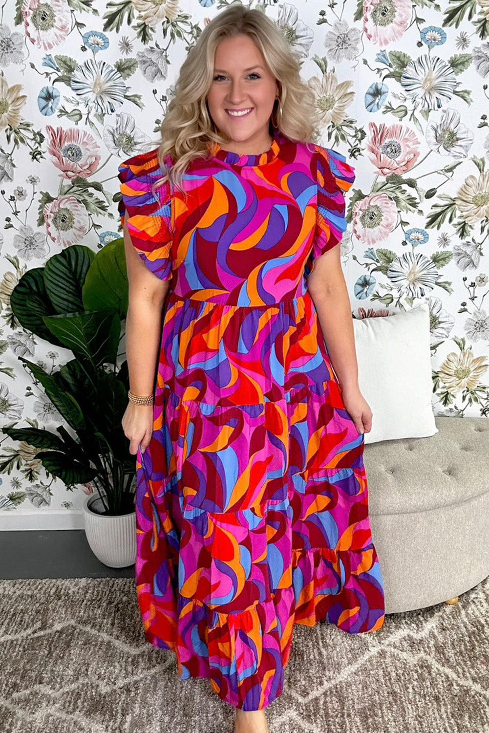 Blue Zone Planet |  Multicolour Plus Abstract Print Ruffled Mock Neck Tiered Maxi Dress Blue Zone Planet