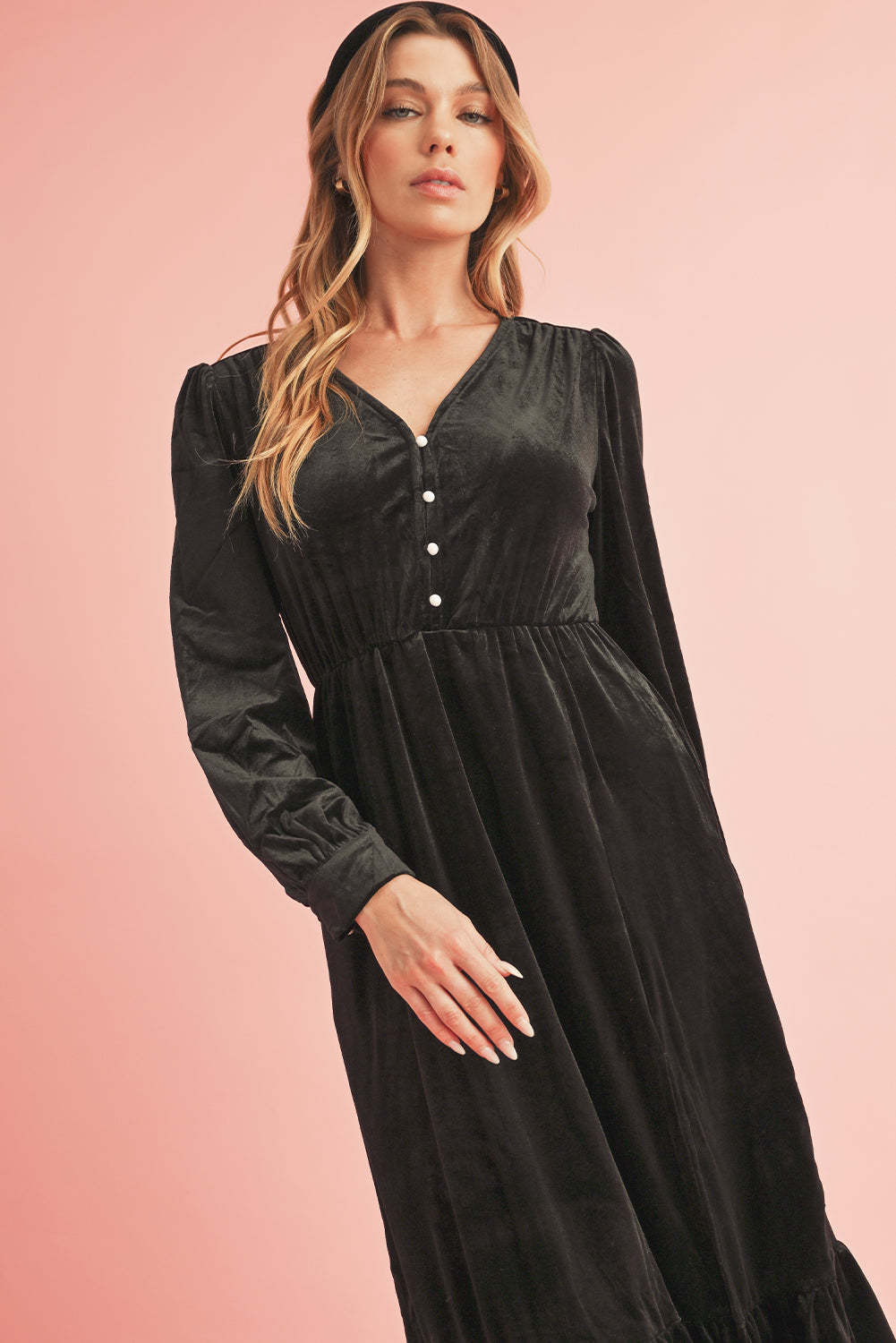 Blue Zone Planet | Black Velvet Buttoned Puff Sleeve V Neck Split Midi Dress-TOPS / DRESSES-[Adult]-[Female]-2022 Online Blue Zone Planet