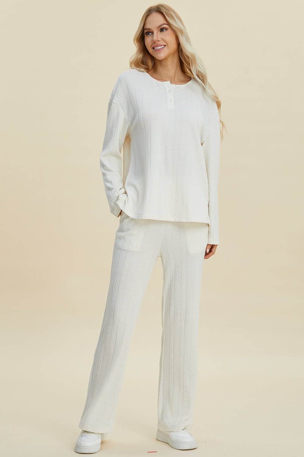 Double Take Full Size Cable-Knit Long Sleeve Top and Pants Set-TOPS / DRESSES-[Adult]-[Female]-White-S-2022 Online Blue Zone Planet