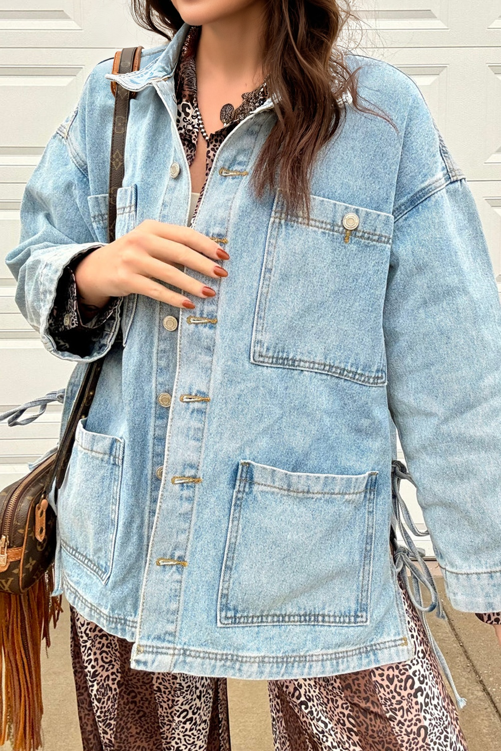 Beau Blue Multi Patched Pockets Side Tie up Boyfriend Style Denim Jacket-Outerwear/Denim jackets-[Adult]-[Female]-2022 Online Blue Zone Planet
