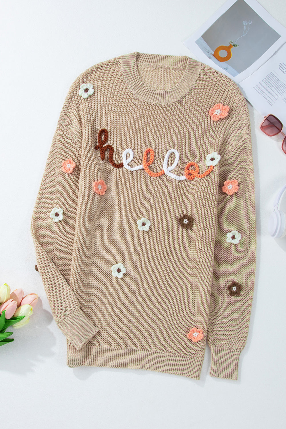 Parchment Hello Floral Embroidered Knit Loose Sweater-Sweaters & Cardigans/Sweaters-[Adult]-[Female]-2022 Online Blue Zone Planet