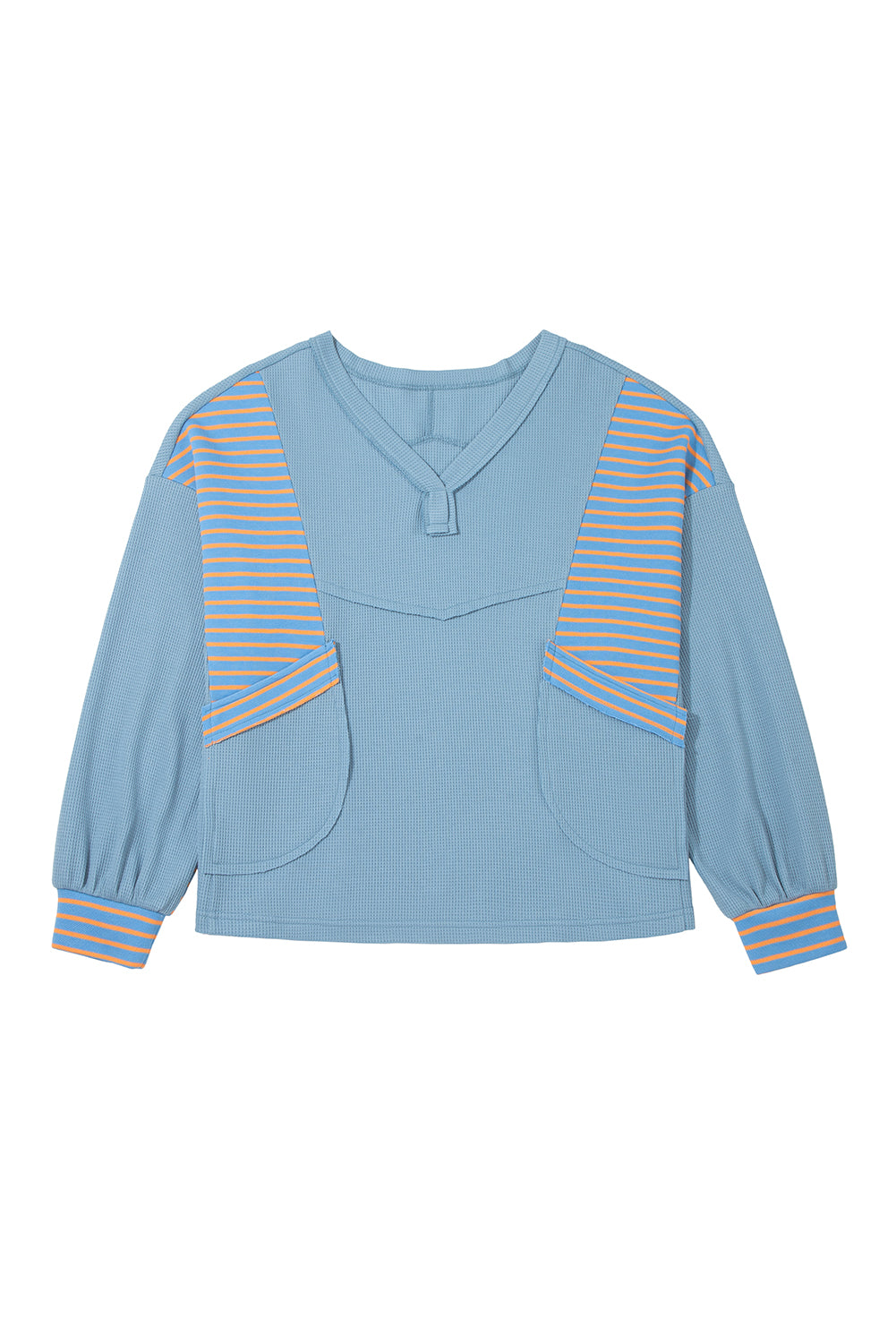 Dusk Blue Exposed Seam Waffle Striped Patchwork Baggy Pullover-Tops/Long Sleeve Tops-[Adult]-[Female]-2022 Online Blue Zone Planet