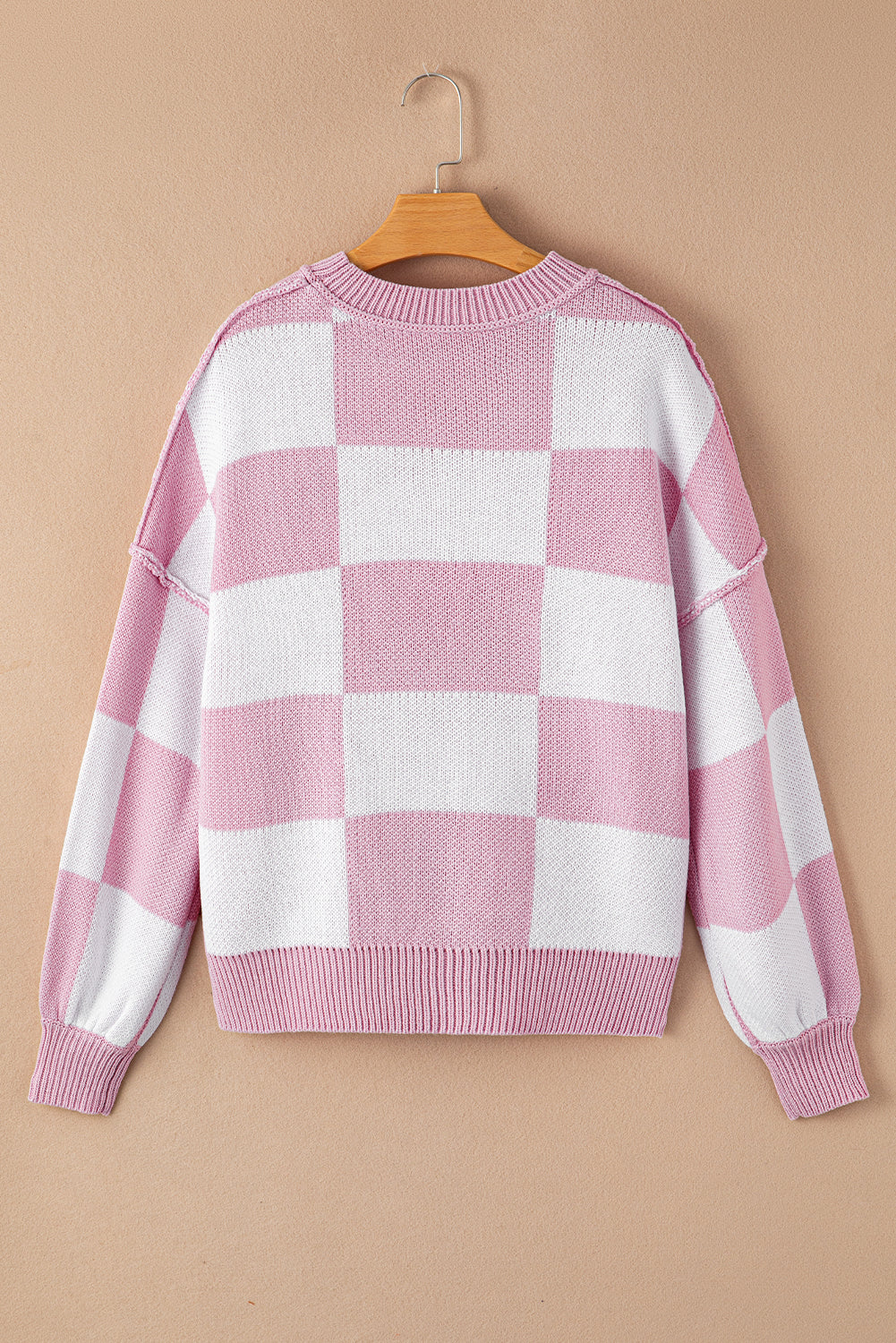 Blue Zone Planet | Pink Checked Bishop Sleeve Pullover Sweater-Sweaters-[Adult]-[Female]-2022 Online Blue Zone Planet