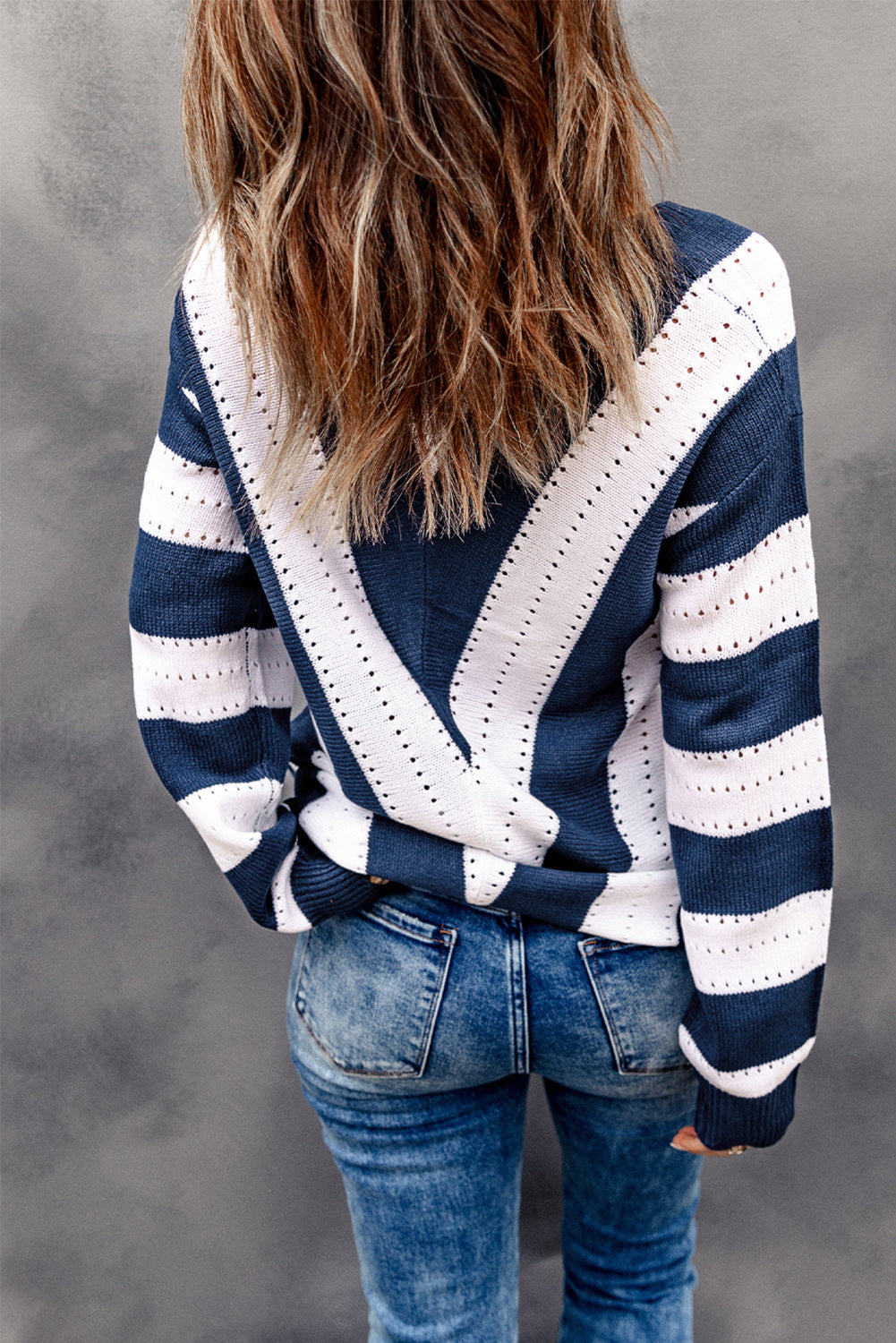 Blue Striped Colorblock V Neck Knitted Sweater-TOPS / DRESSES-[Adult]-[Female]-2022 Online Blue Zone Planet