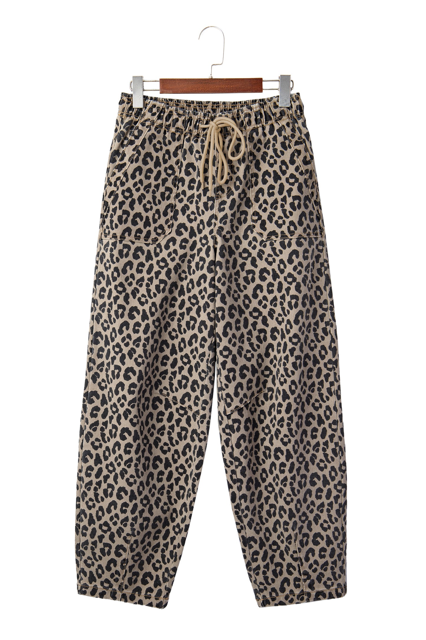 Khaki Leopard Print Drawstring Elastic Waist Loose Denim Pants with Pockets-Bottoms/Jeans-[Adult]-[Female]-2022 Online Blue Zone Planet