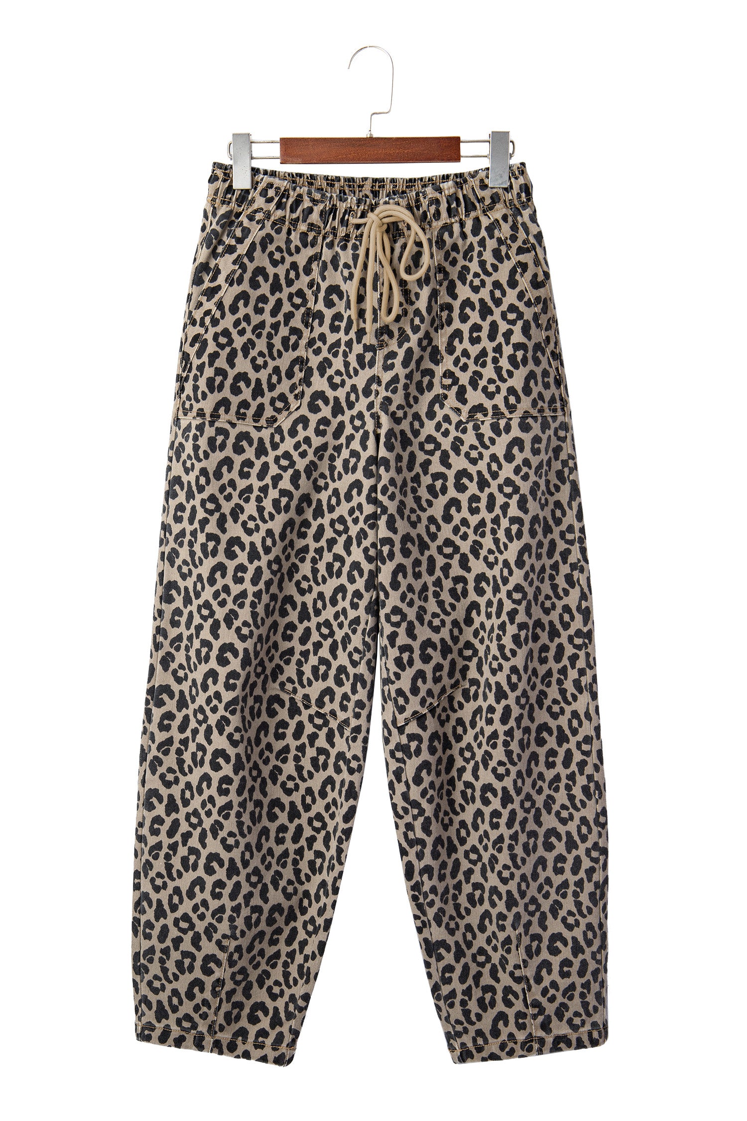 Khaki Leopard Print Drawstring Elastic Waist Loose Denim Pants with Pockets-Bottoms/Jeans-[Adult]-[Female]-2022 Online Blue Zone Planet