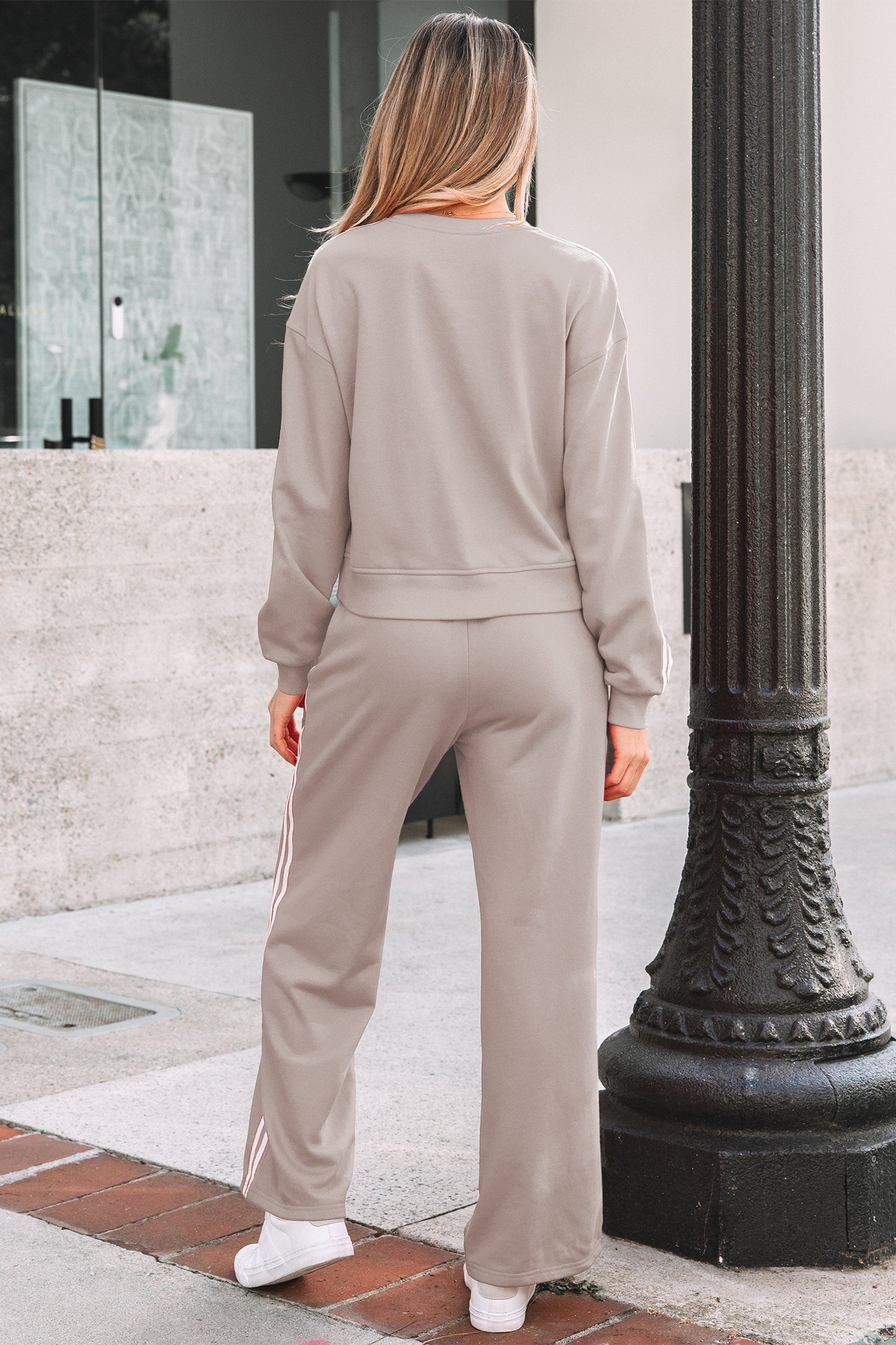 Gray Morn Varsity Striped Detail Crewneck Pullover Elastic Sweatpants 2pcs Outfit-Two Piece Sets/Pant Sets-[Adult]-[Female]-2022 Online Blue Zone Planet
