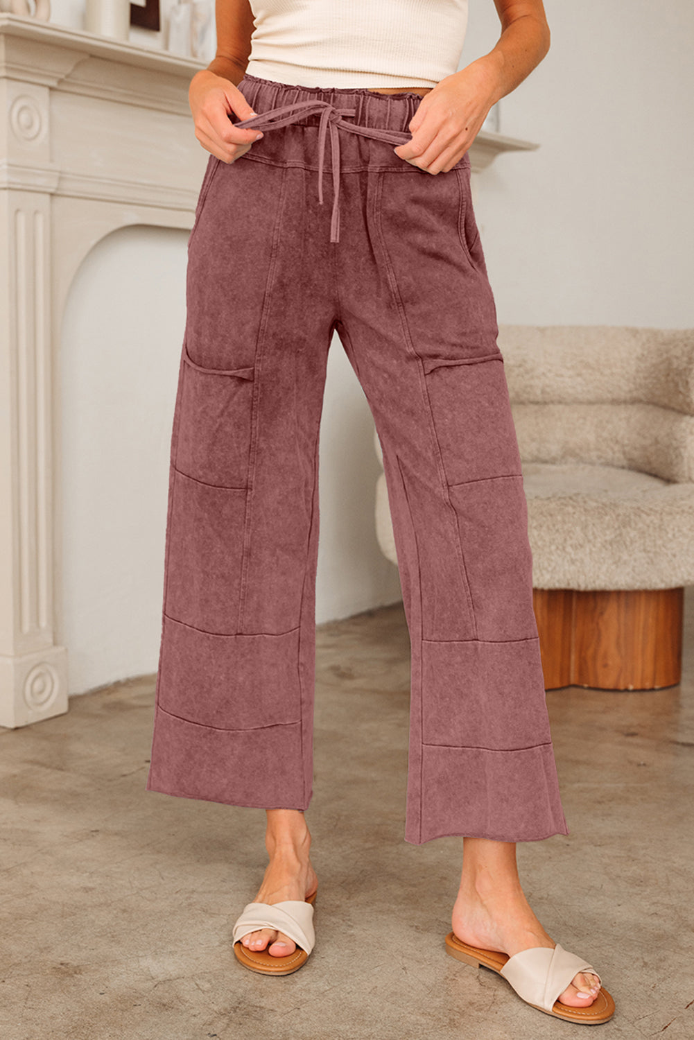 Wild Ginger Mineral Wash Lace-Up High Waist Raw Hem Patched Pocket Pants-Bottoms/Pants & Culotte-[Adult]-[Female]-2022 Online Blue Zone Planet
