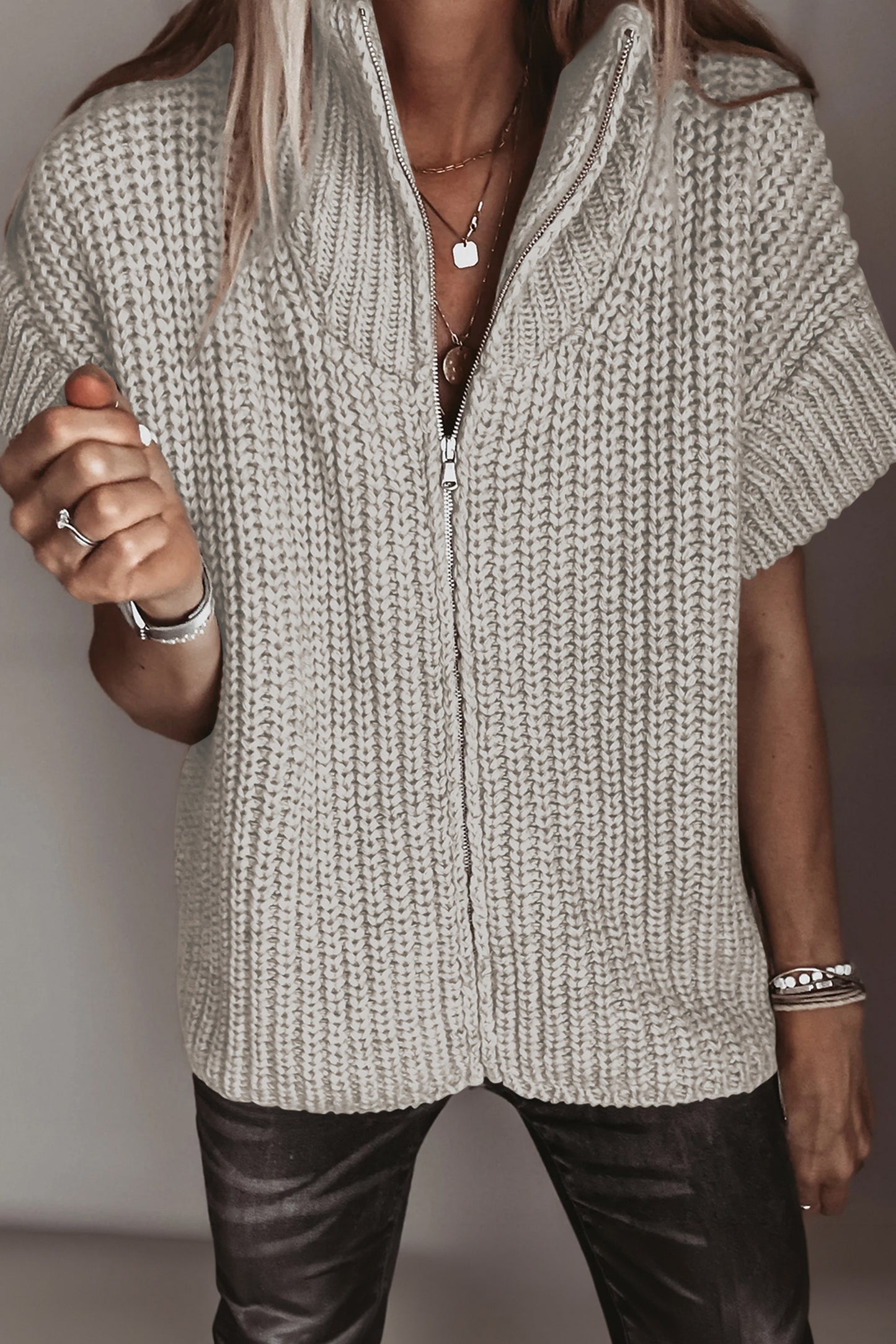 Jet Stream Solid Color Short Sleeve Zipper Knit High Neck Sweater-Sweaters & Cardigans/Short Sleeve Sweaters-[Adult]-[Female]-Jet Stream-S-2022 Online Blue Zone Planet