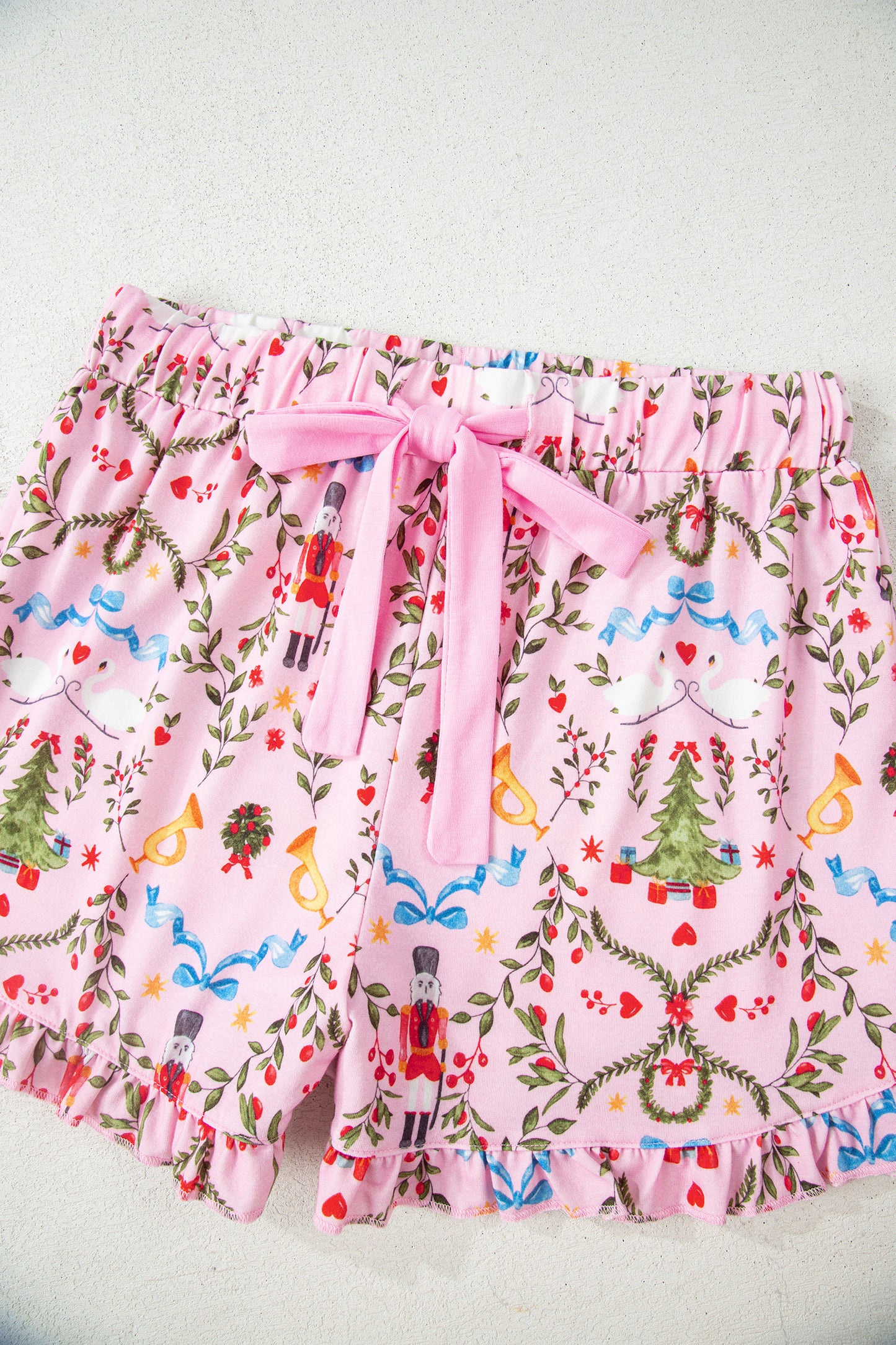 Pink Nutcracker Doll Christmas Print Ribbon Tie Waist Short 2pcs Pajama Set-Loungewear & Sleepwear/Sleepwear-[Adult]-[Female]-2022 Online Blue Zone Planet