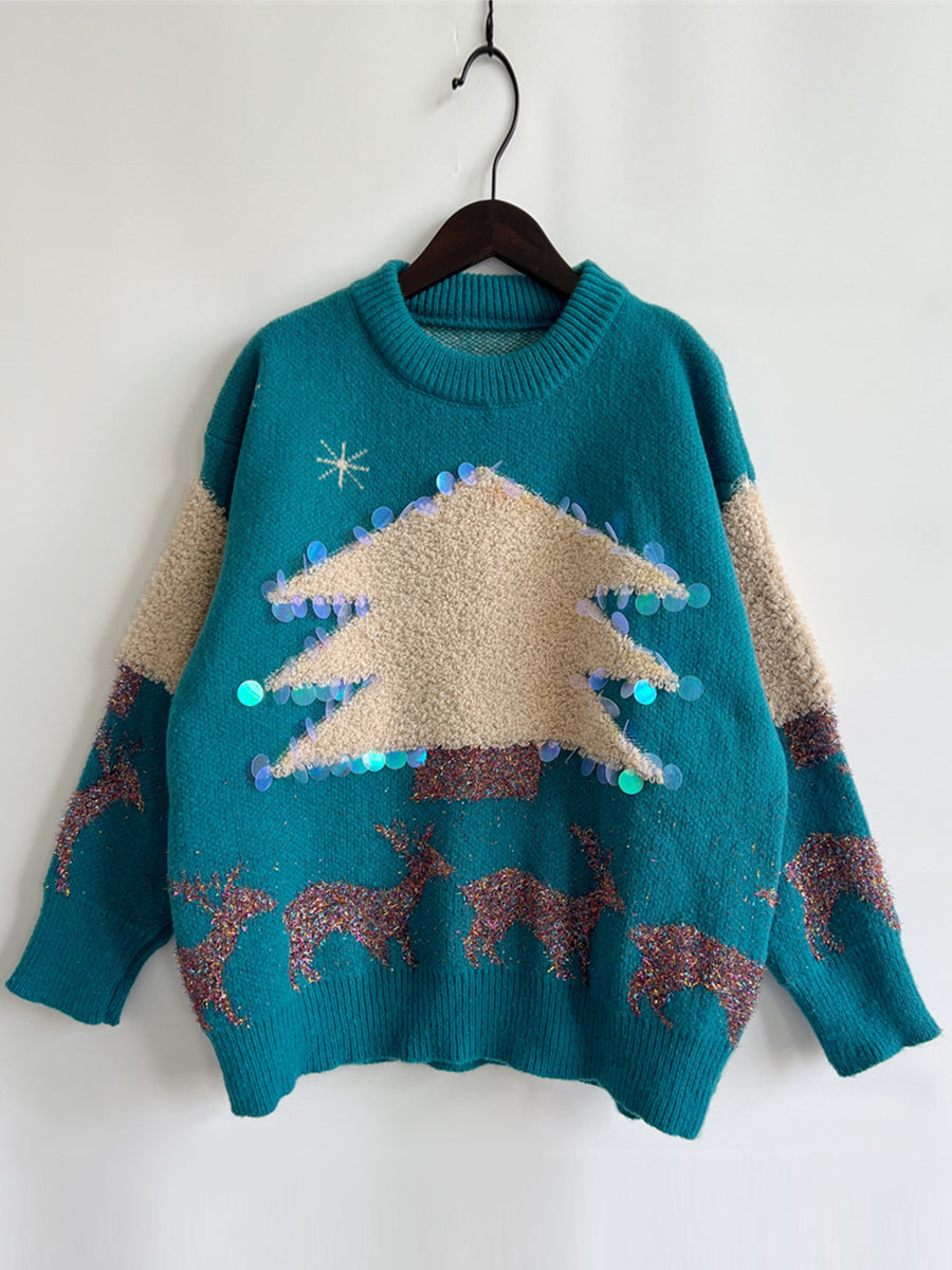 Sequin Christmas Tree & Reindeer Round Neck Sweater-TOPS / DRESSES-[Adult]-[Female]-2022 Online Blue Zone Planet