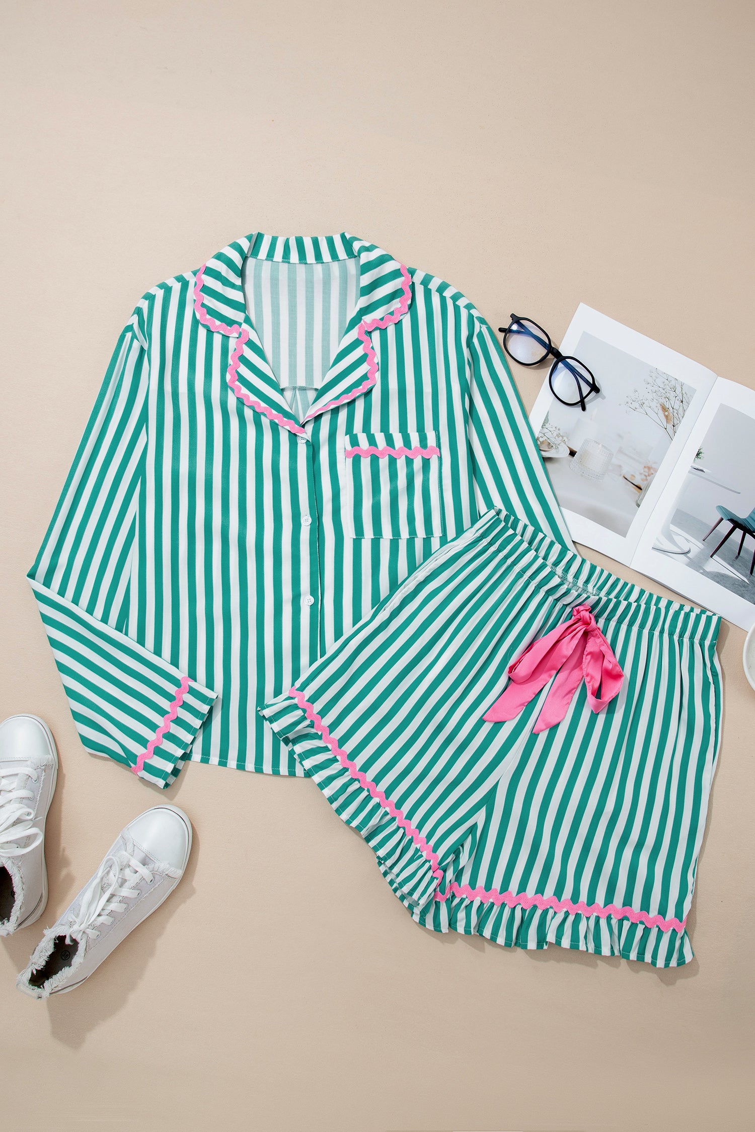 Green Stripe Contrast Ricrac Trim Long Sleeve Shirt Drawstring Ruffled Pajama Short Set-Loungewear & Sleepwear/Sleepwear-[Adult]-[Female]-2022 Online Blue Zone Planet