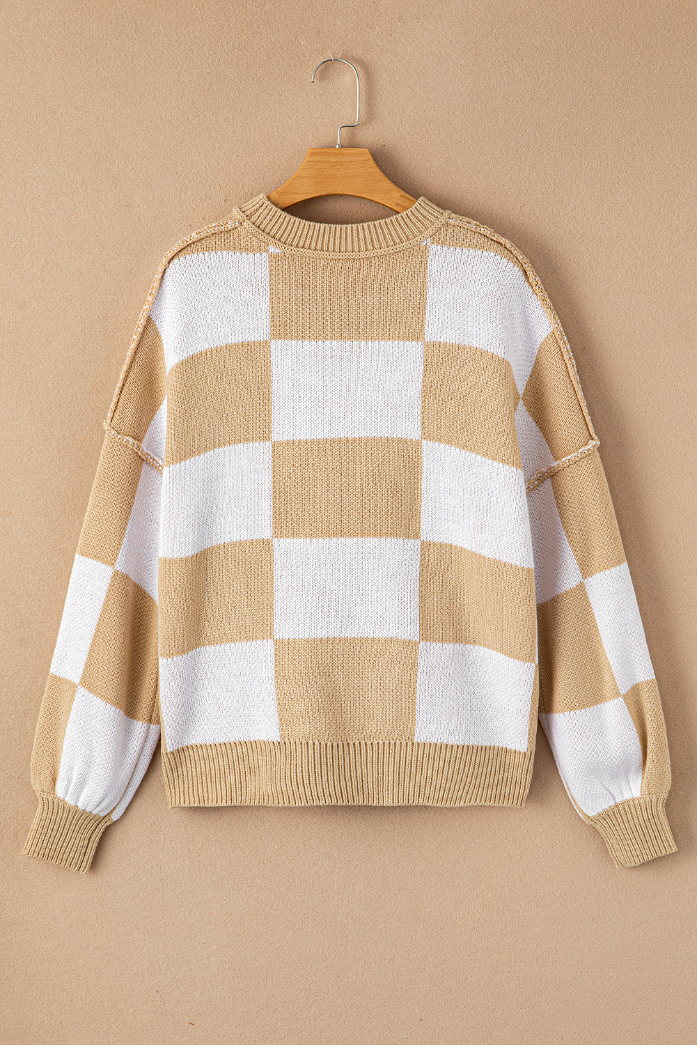 Blue Zone Planet | Pink Checked Bishop Sleeve Pullover Sweater-Sweaters-[Adult]-[Female]-2022 Online Blue Zone Planet