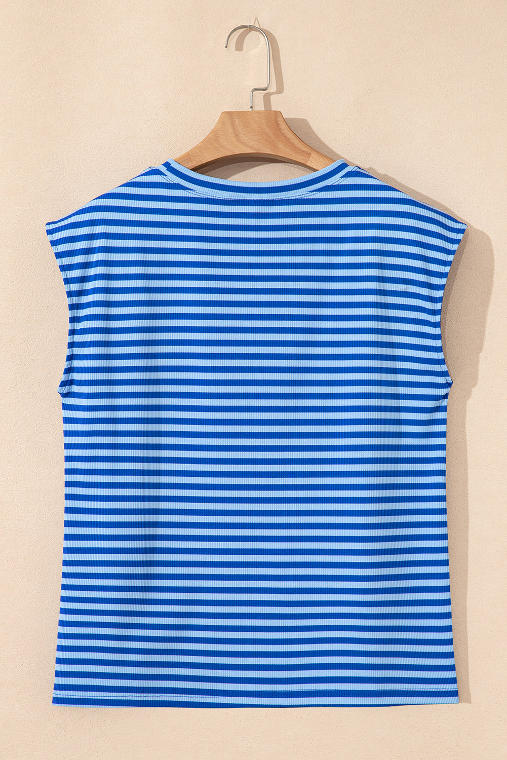 Sky Blue Stripe Ribbed Cap Sleeve Round Neck T Shirt-Tops/Tops & Tees-[Adult]-[Female]-2022 Online Blue Zone Planet