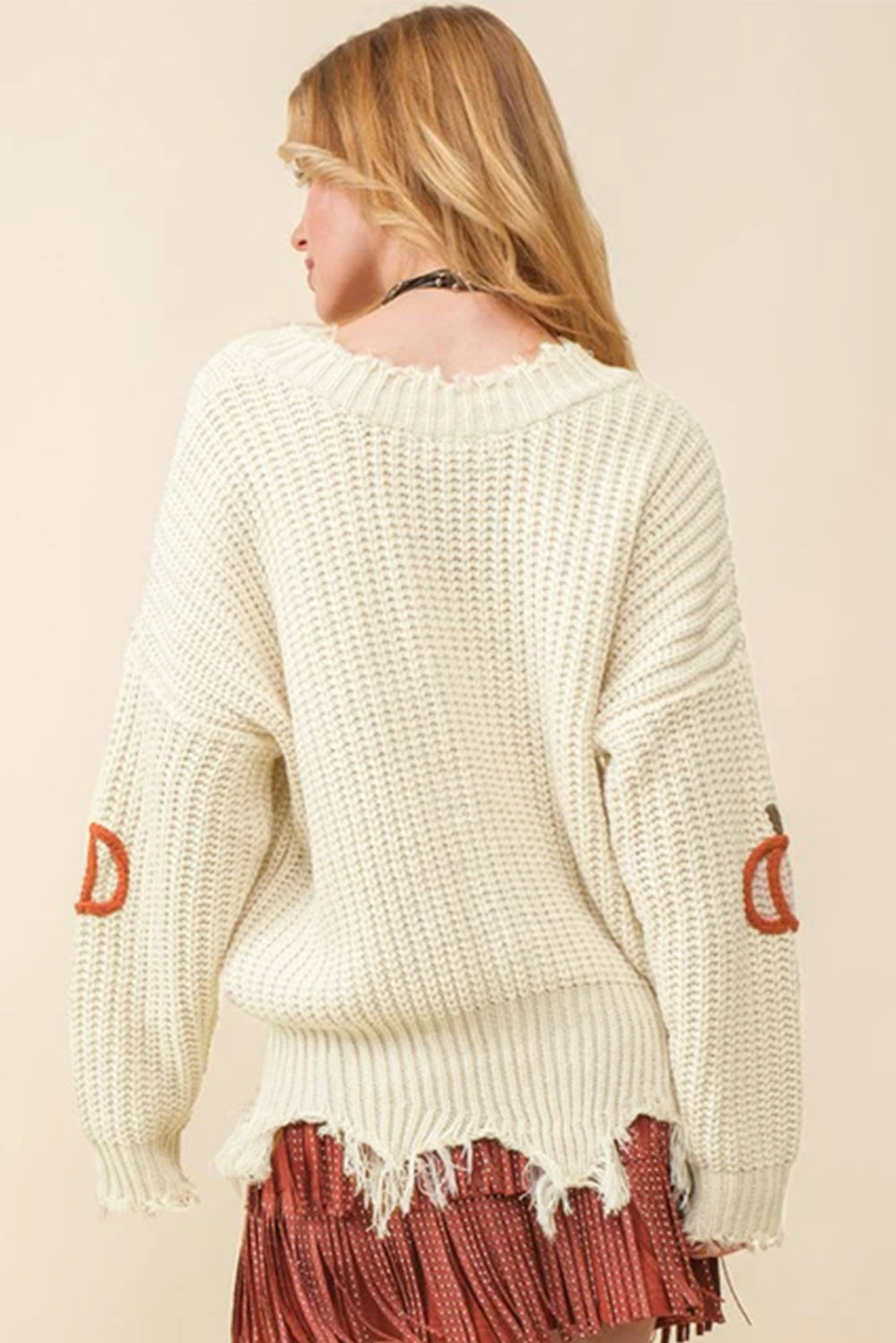 Beige Cable Knit Pumpkin Raw Hem V Neck Loose Sweater-Sweaters & Cardigans/Sweaters-[Adult]-[Female]-2022 Online Blue Zone Planet