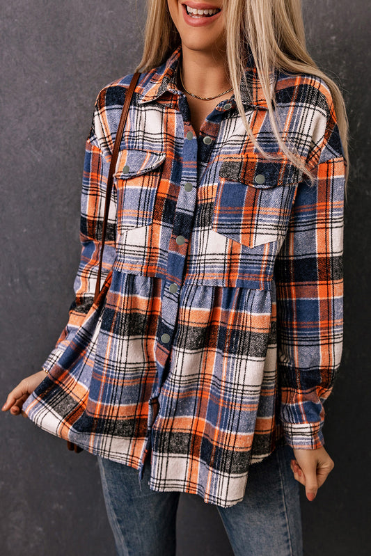 Multicolor Plaid Button Down Ruffled Shirt Jacket-Outerwear/Plaid Shackets-[Adult]-[Female]-Multicolor-S-2022 Online Blue Zone Planet