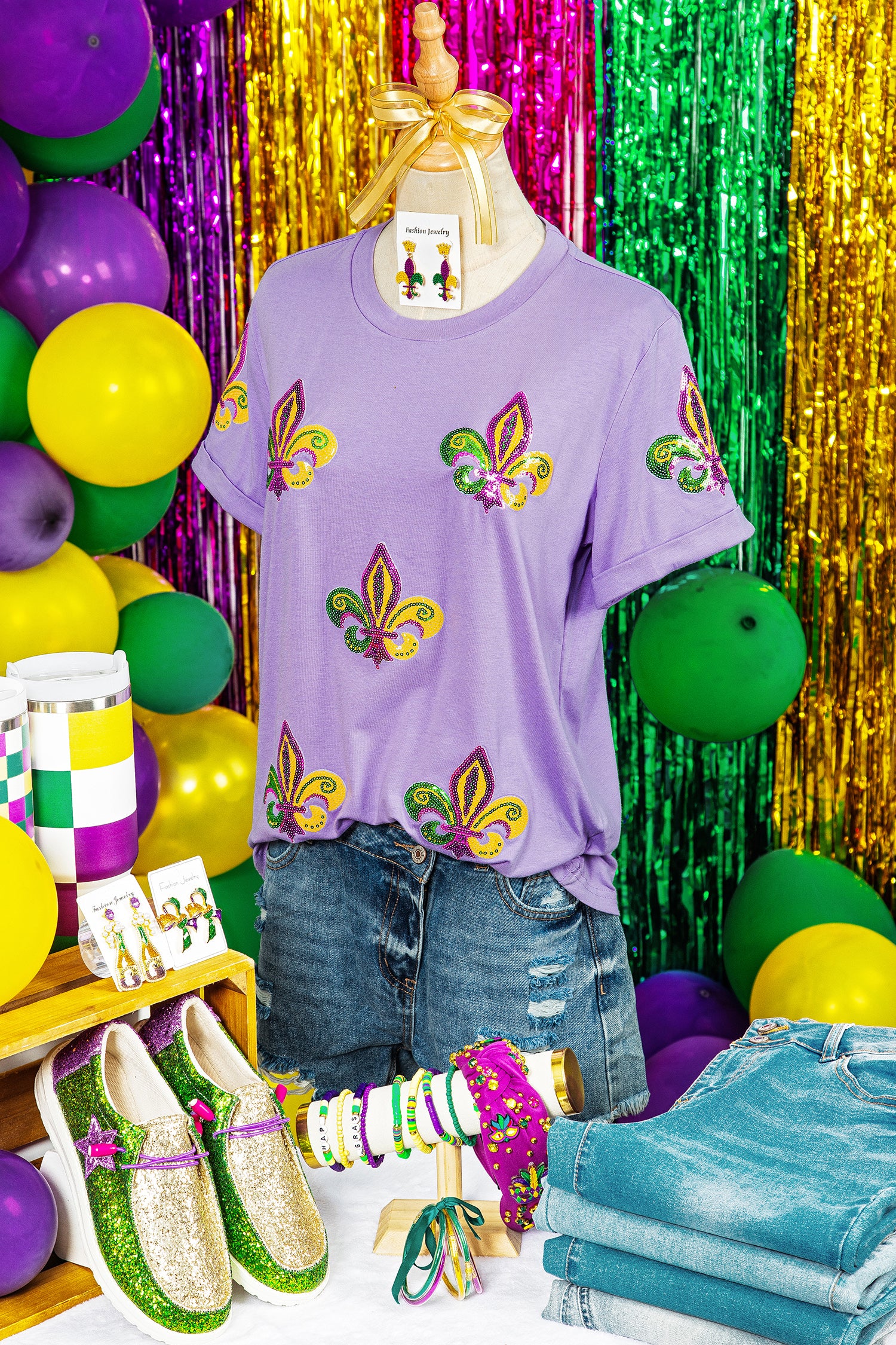 Wisteria Mardi Gras Sequined Pattern Holiday T Shirt-Graphic/Graphic Tees-[Adult]-[Female]-2022 Online Blue Zone Planet