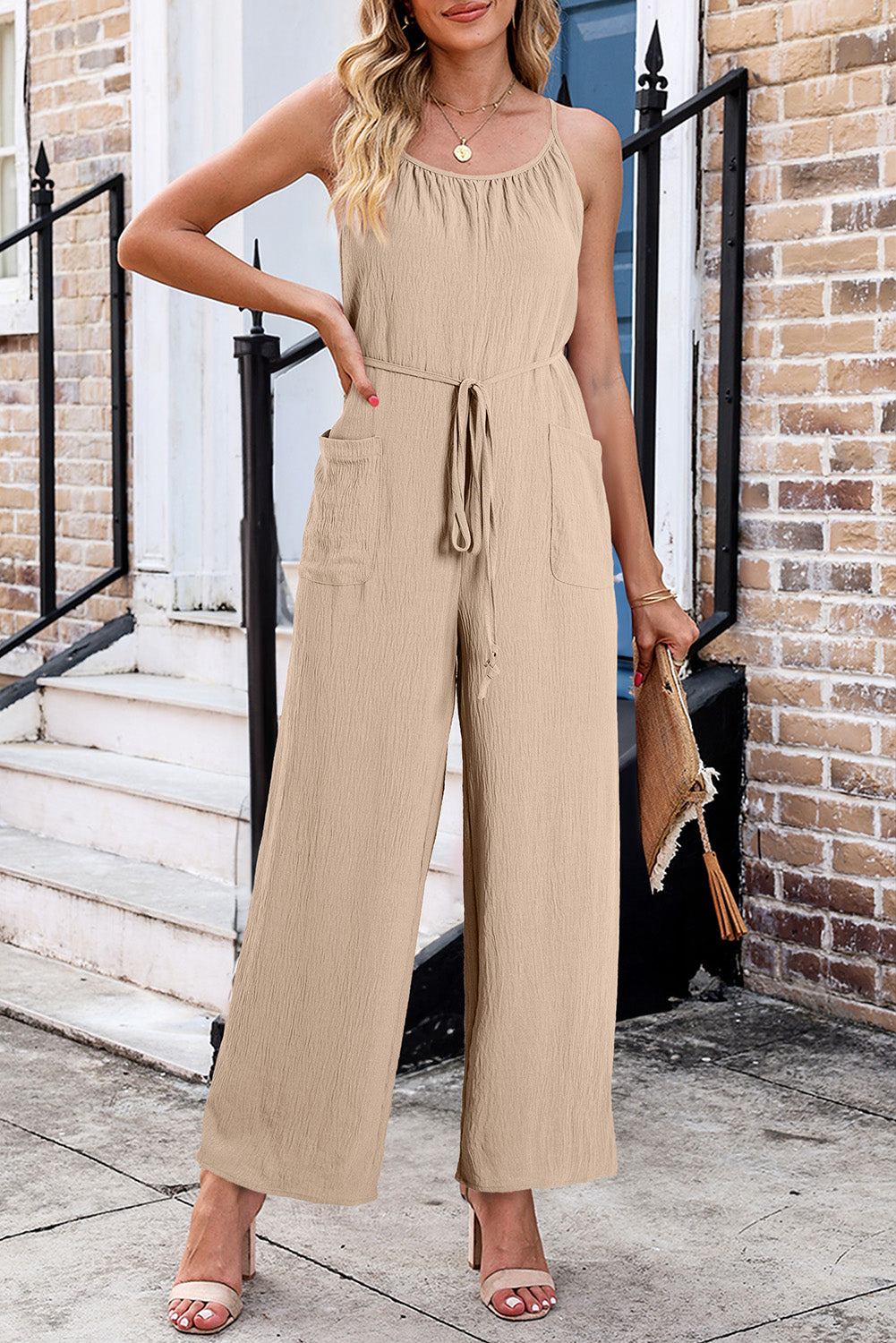 Scoop Neck Spaghetti Strap Jumpsuit-TOPS / DRESSES-[Adult]-[Female]-Tan-S-2022 Online Blue Zone Planet