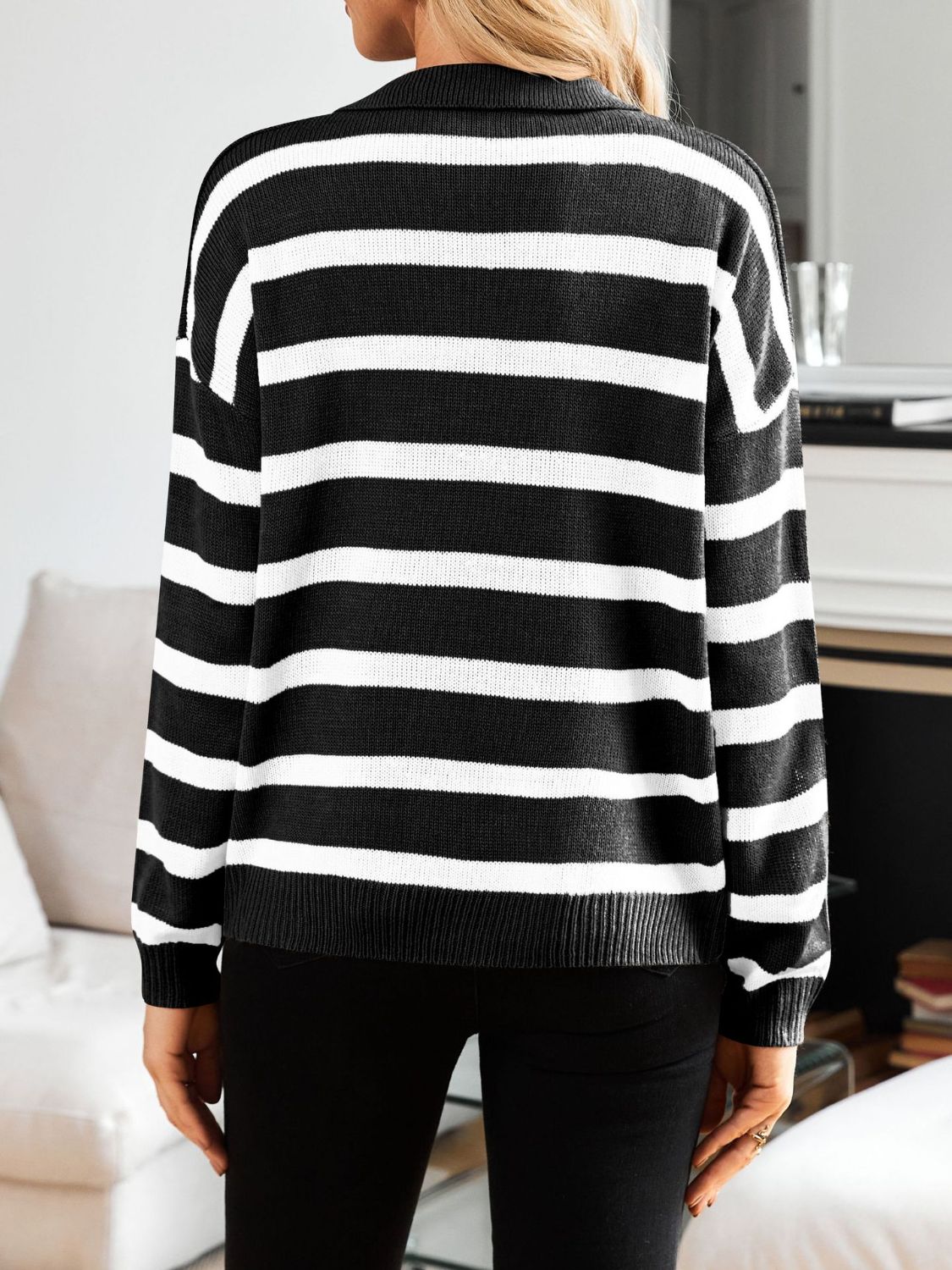 Many Striped Johnny Collar Long Sleeve Sweater-TOPS / DRESSES-[Adult]-[Female]-2022 Online Blue Zone Planet