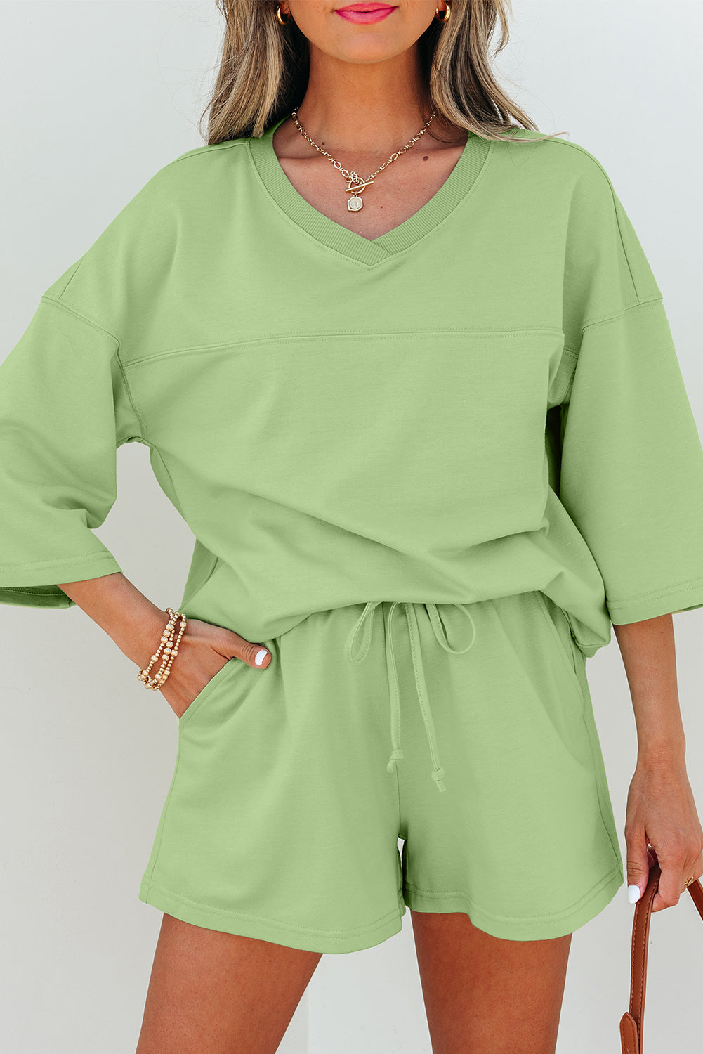 Meadow Mist Green Solid Loose V Neck Half Sleeve Tee and Shorts-Two Piece Sets/Short Sets-[Adult]-[Female]-2022 Online Blue Zone Planet